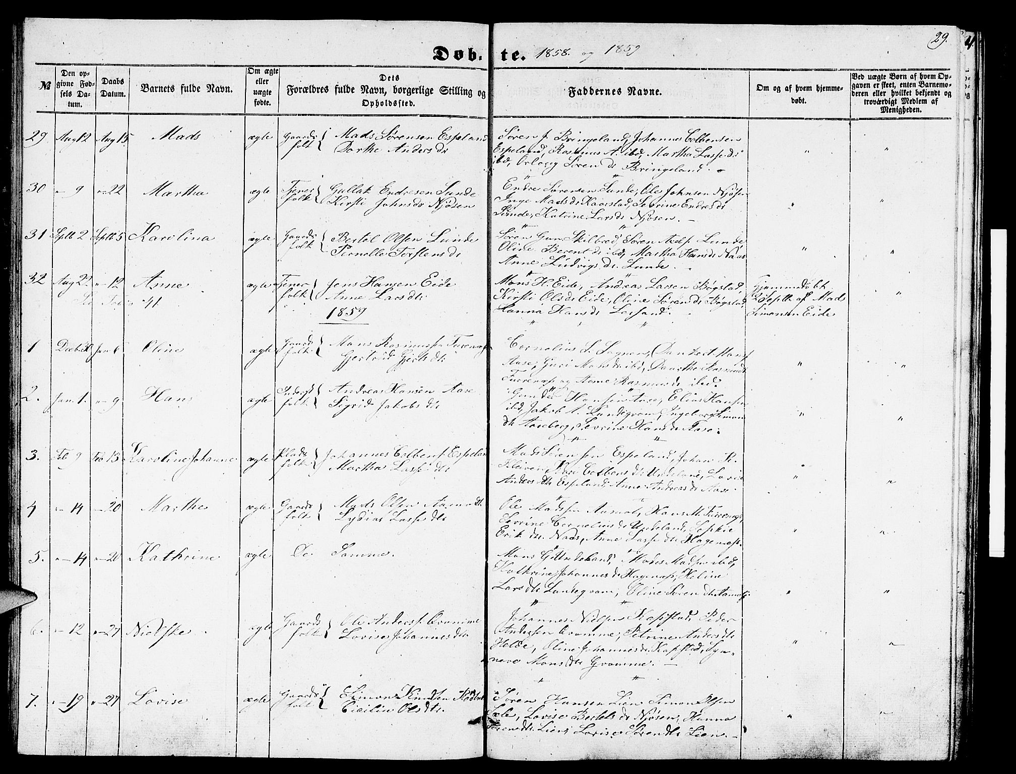 Gaular sokneprestembete, AV/SAB-A-80001/H/Hab: Parish register (copy) no. B 1, 1853-1863, p. 29