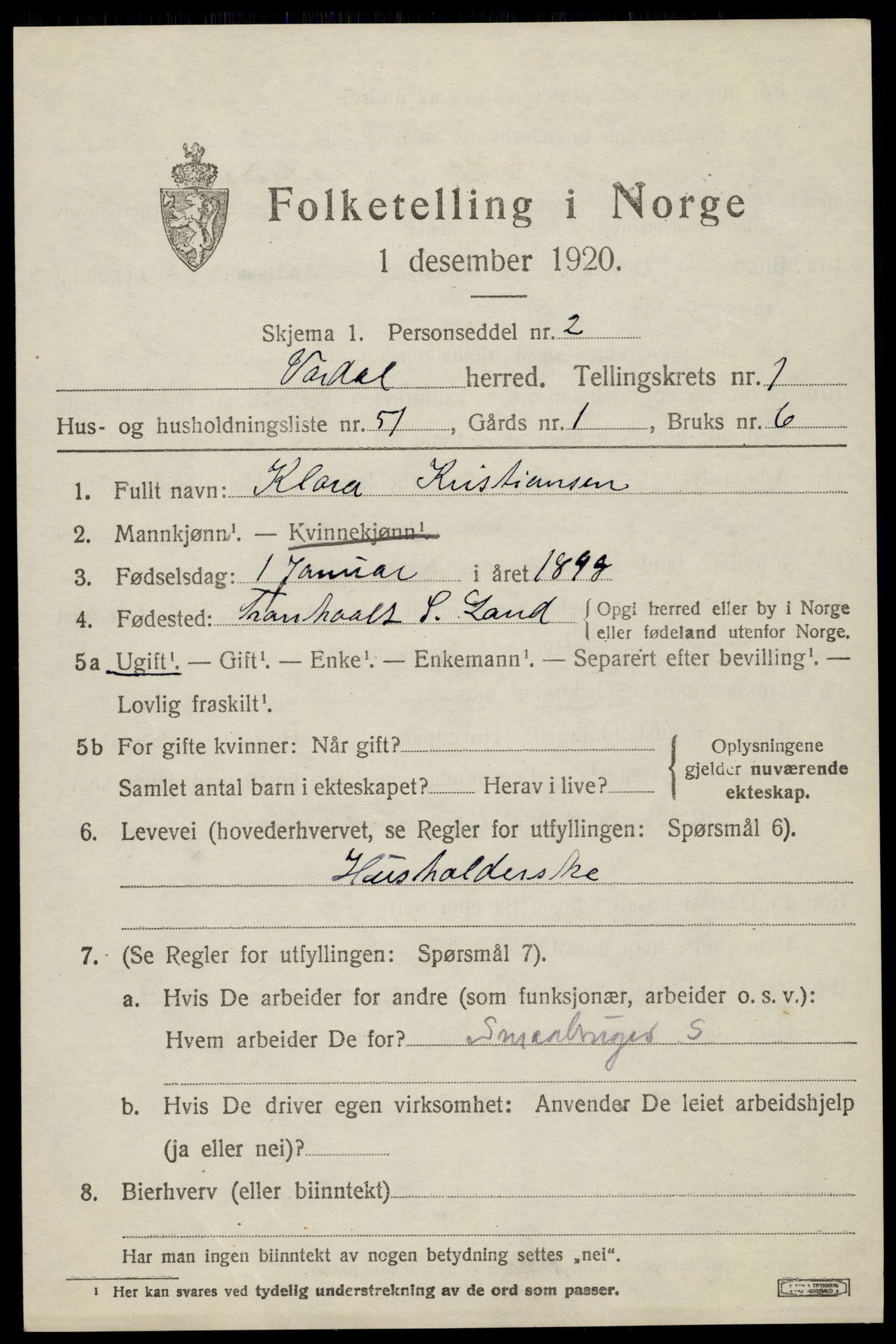 SAH, 1920 census for Vardal, 1920, p. 2437