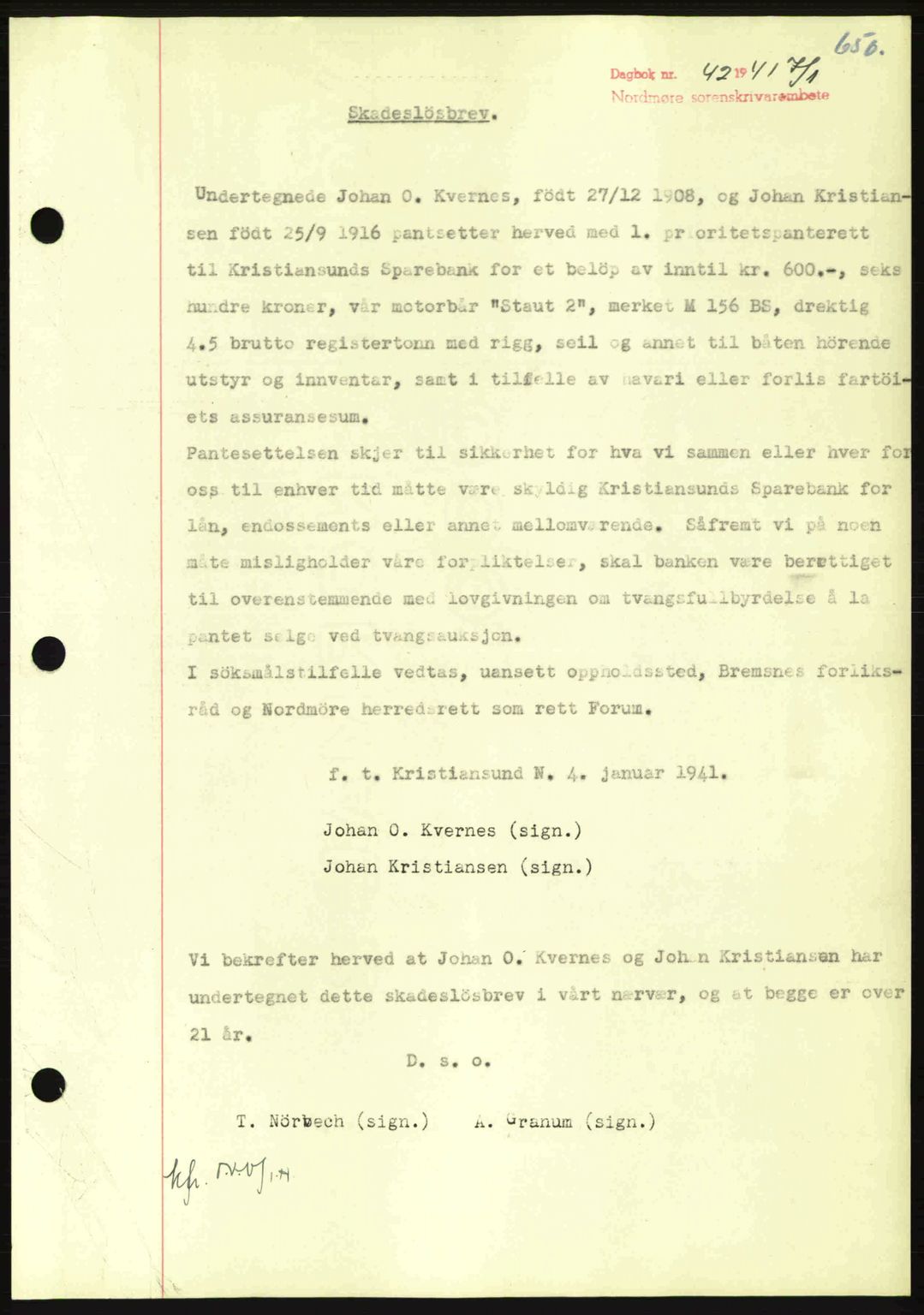 Nordmøre sorenskriveri, AV/SAT-A-4132/1/2/2Ca: Mortgage book no. B87, 1940-1941, Diary no: : 42/1941