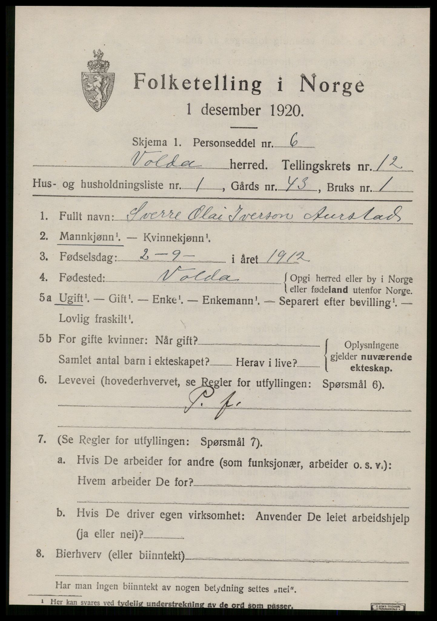 SAT, 1920 census for Volda, 1920, p. 8294