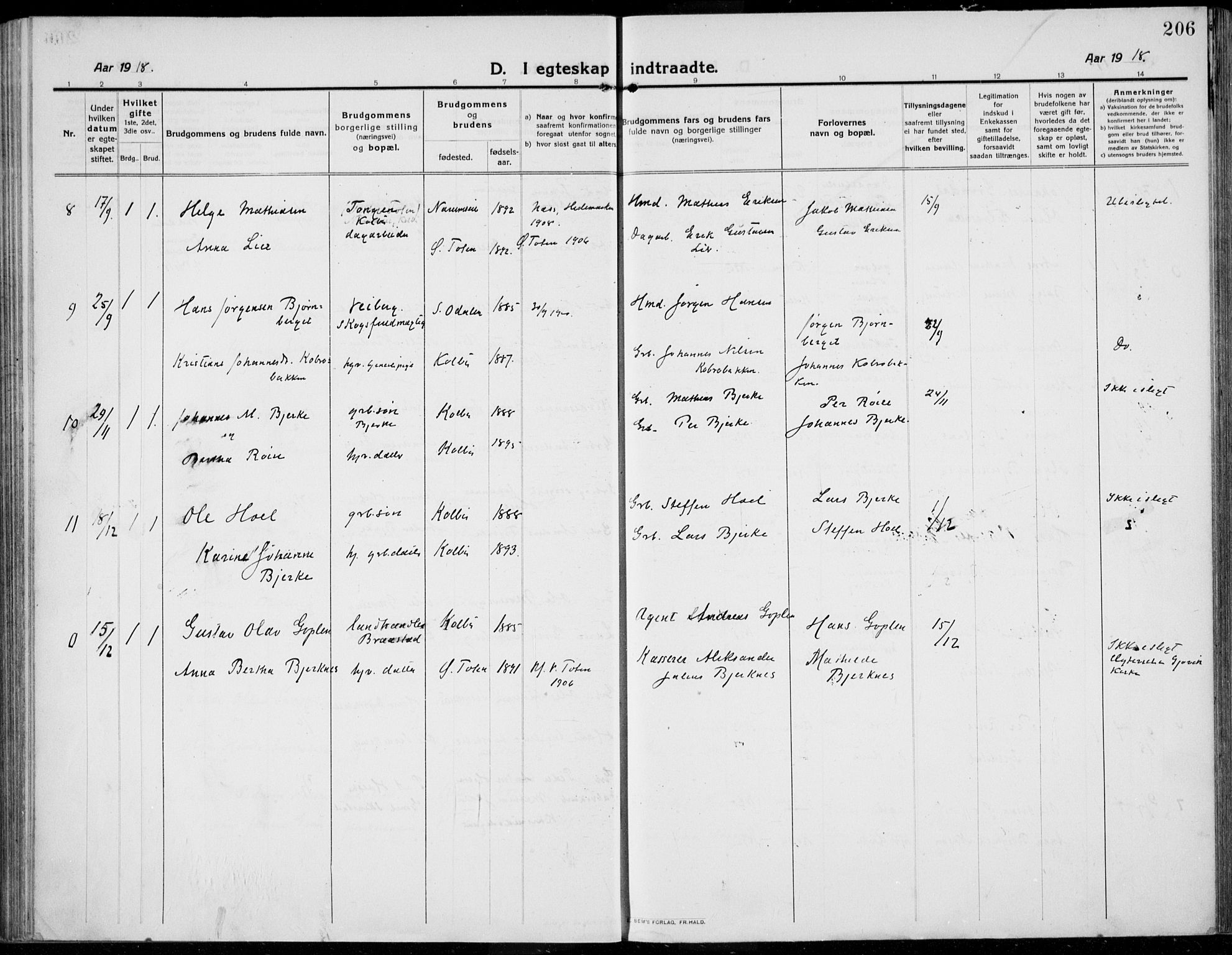 Kolbu prestekontor, SAH/PREST-110/H/Ha/Haa/L0002: Parish register (official) no. 2, 1912-1926, p. 206