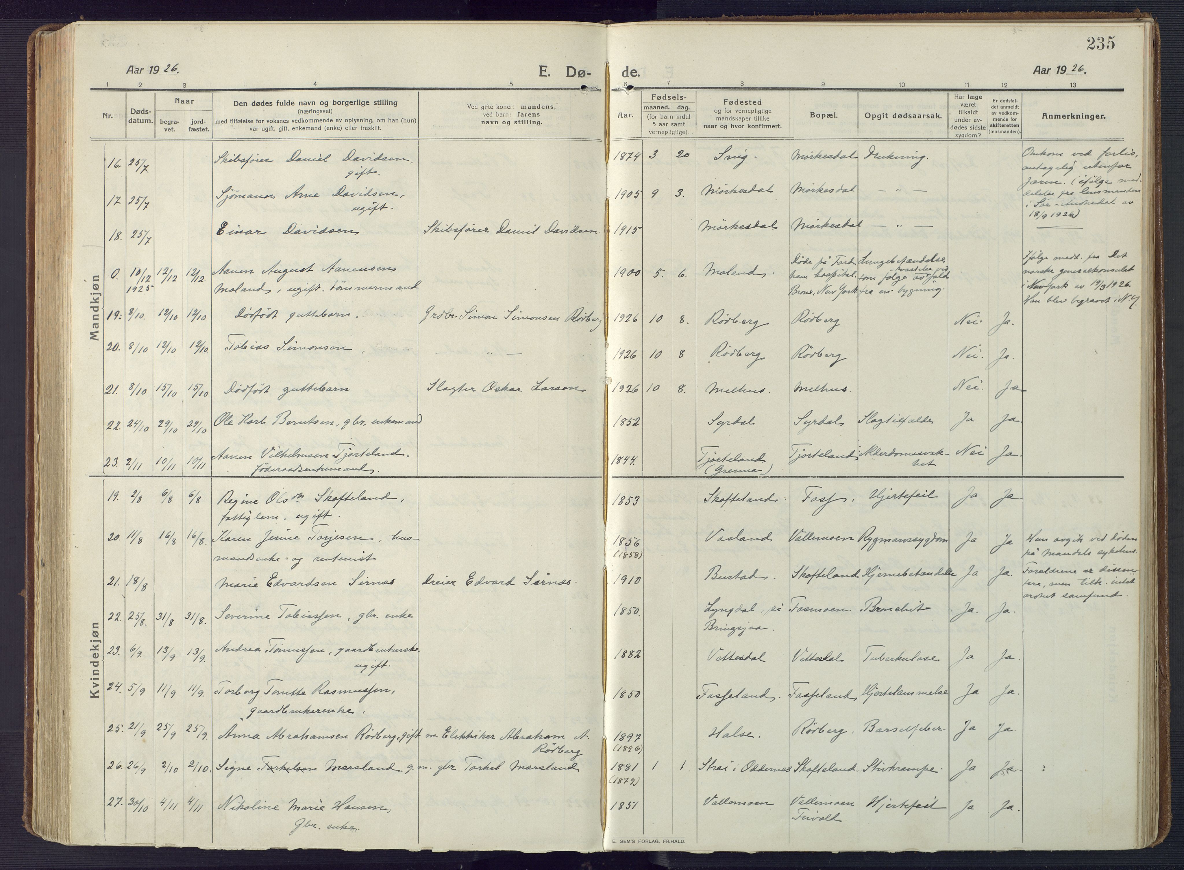 Sør-Audnedal sokneprestkontor, AV/SAK-1111-0039/F/Fa/Fab/L0011: Parish register (official) no. A 11, 1912-1938, p. 235