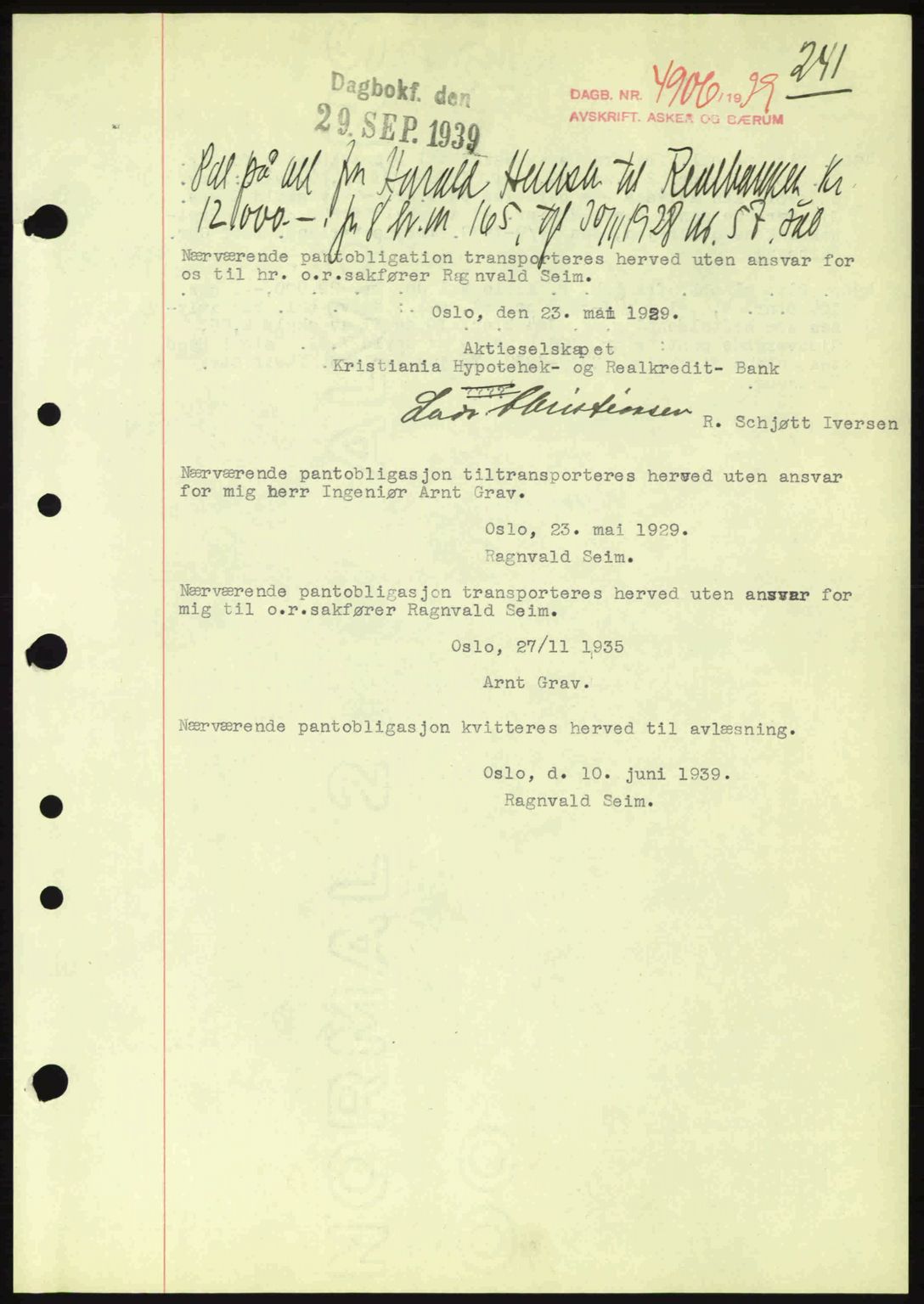 Aker herredsskriveri, AV/SAO-A-10896/G/Gb/Gbb/Gbbc/L0006: Mortgage book no. B62-63, 1939-1939, Diary no: : 4906/1939