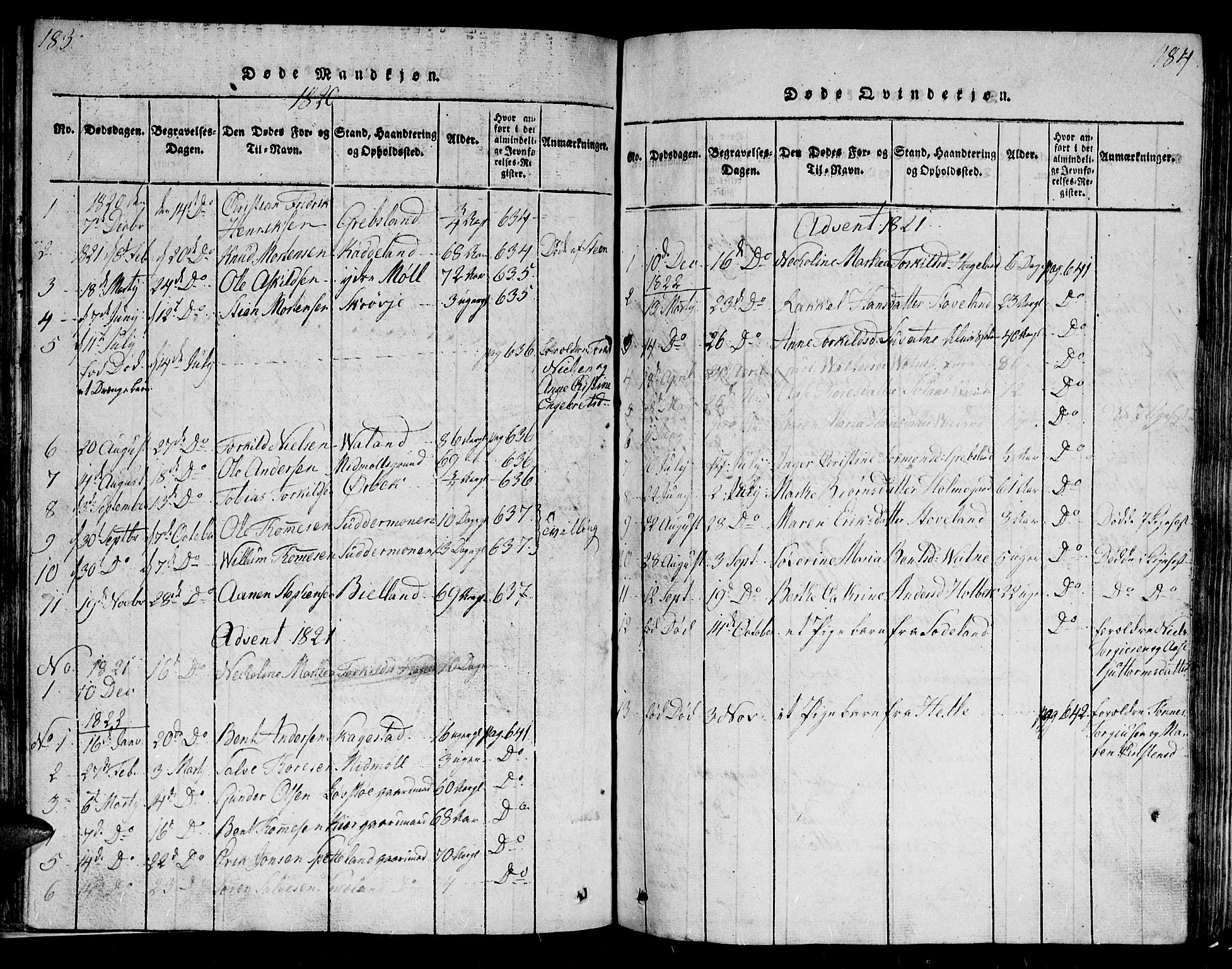 Holum sokneprestkontor, SAK/1111-0022/F/Fb/Fba/L0002: Parish register (copy) no. B 2, 1820-1849, p. 183-184