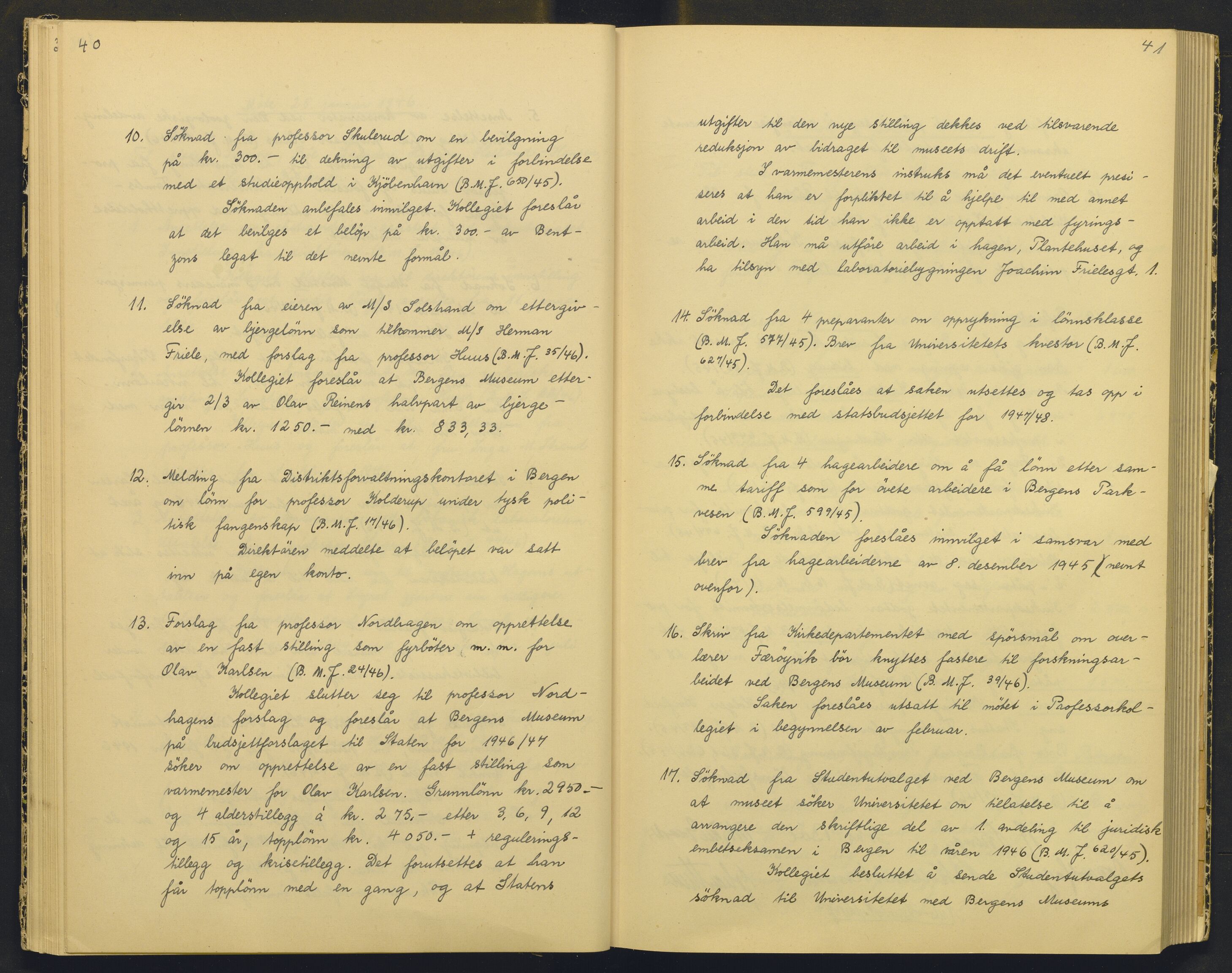 Bergens Museum, AV/SAB-A-17301/18/A/L0004: Professorkollegiets møtebok med register , 1945-1949, p. 40-41