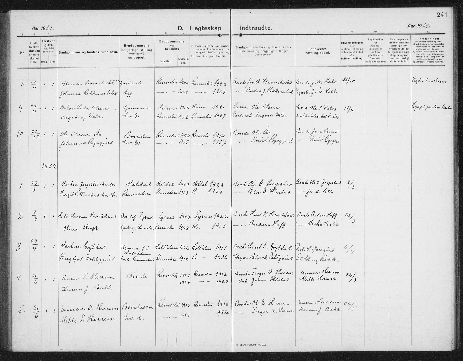 Ministerialprotokoller, klokkerbøker og fødselsregistre - Sør-Trøndelag, SAT/A-1456/674/L0877: Parish register (copy) no. 674C04, 1913-1940, p. 241