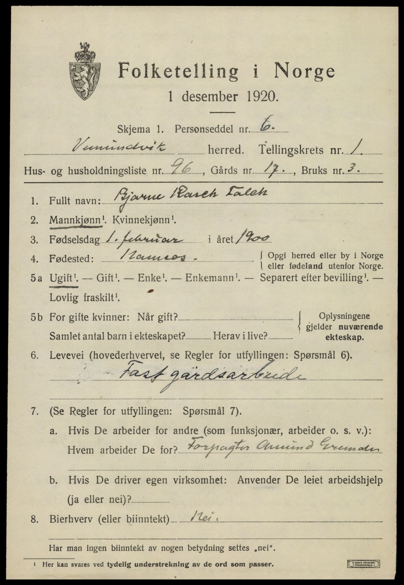 SAT, 1920 census for Vemundvik, 1920, p. 2455