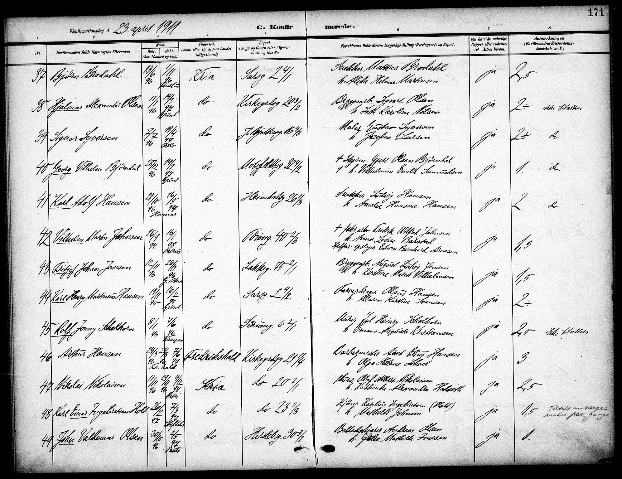 Tøyen prestekontor Kirkebøker, AV/SAO-A-10167a/F/Fa/L0001: Parish register (official) no. I 1, 1907-1916, p. 171