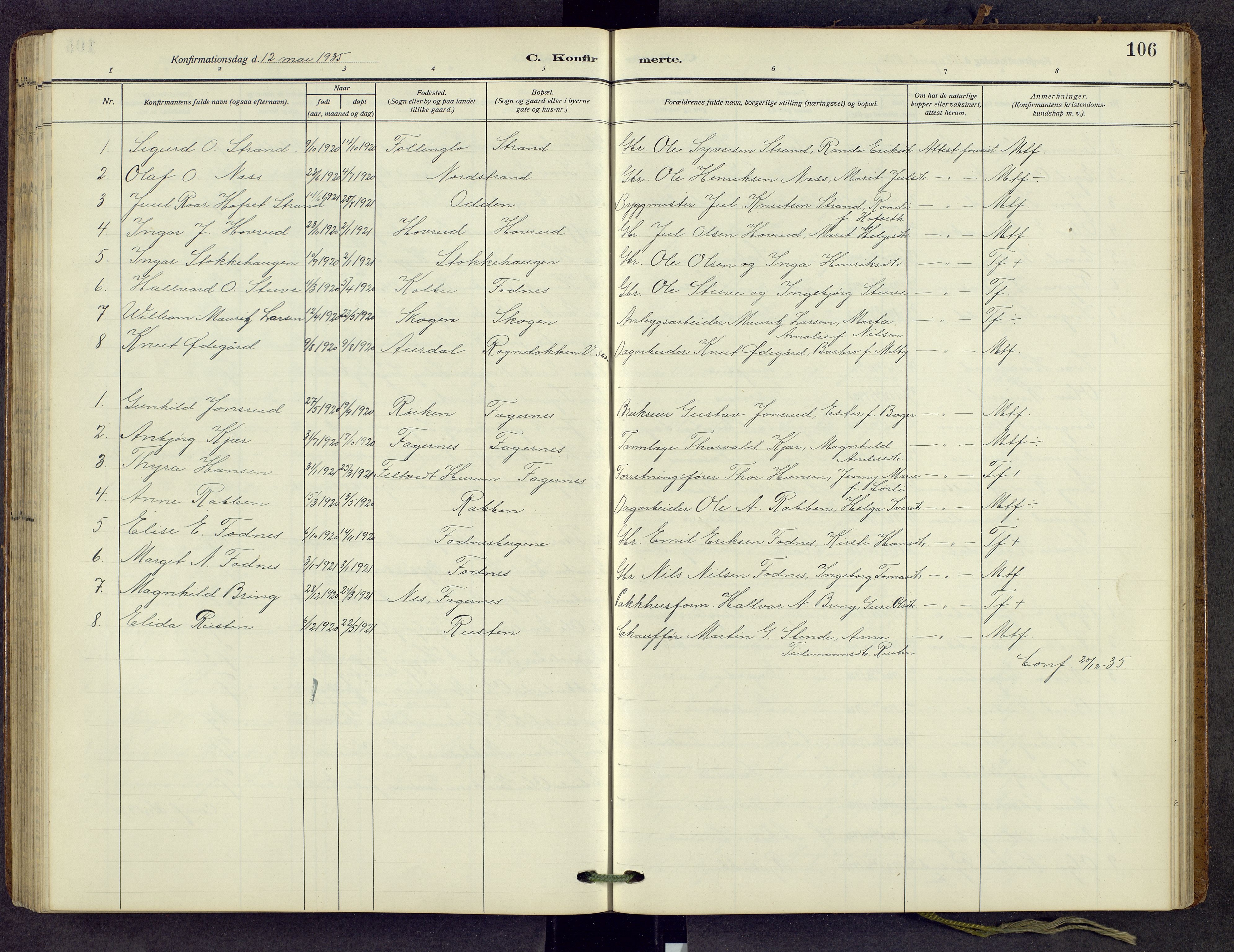 Nord-Aurdal prestekontor, SAH/PREST-132/H/Ha/Hab/L0013: Parish register (copy) no. 13, 1911-1948, p. 106