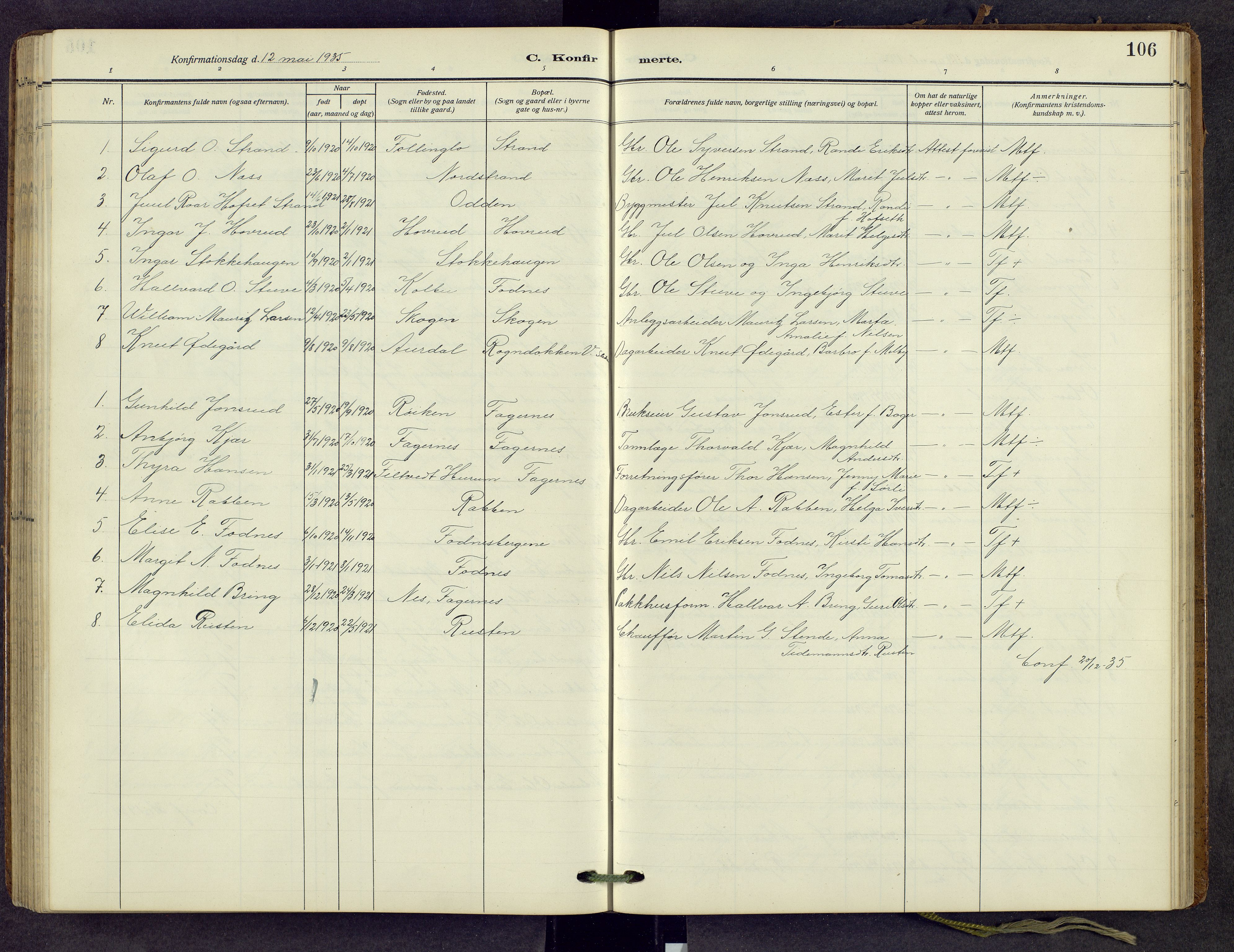 Nord-Aurdal prestekontor, AV/SAH-PREST-132/H/Ha/Hab/L0013: Parish register (copy) no. 13, 1911-1948, p. 106
