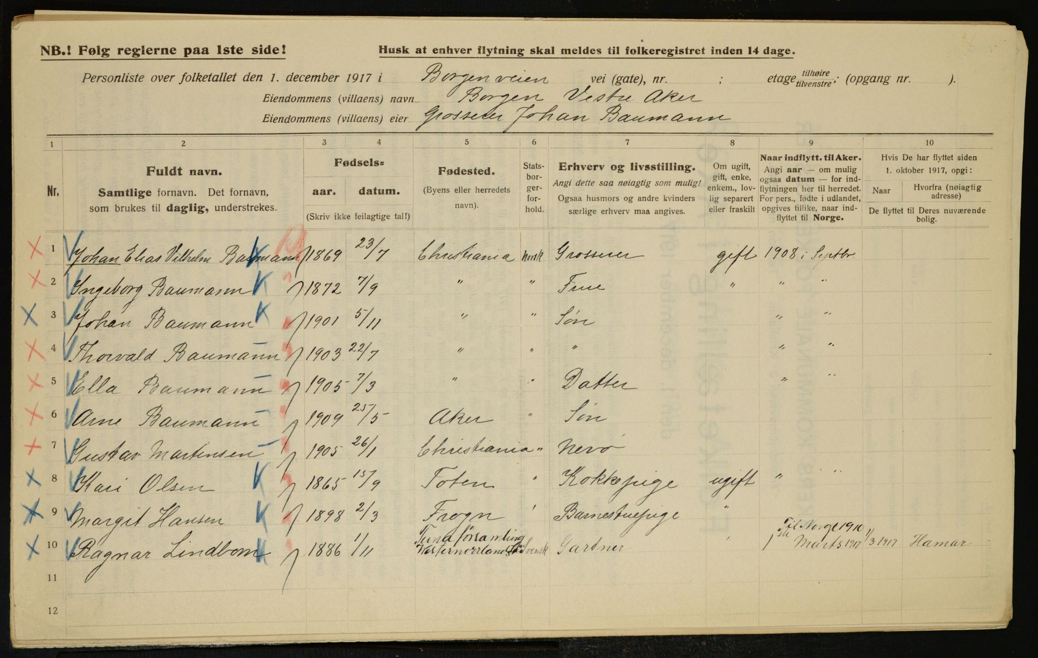 OBA, Municipal Census 1917 for Aker, 1917, p. 8830