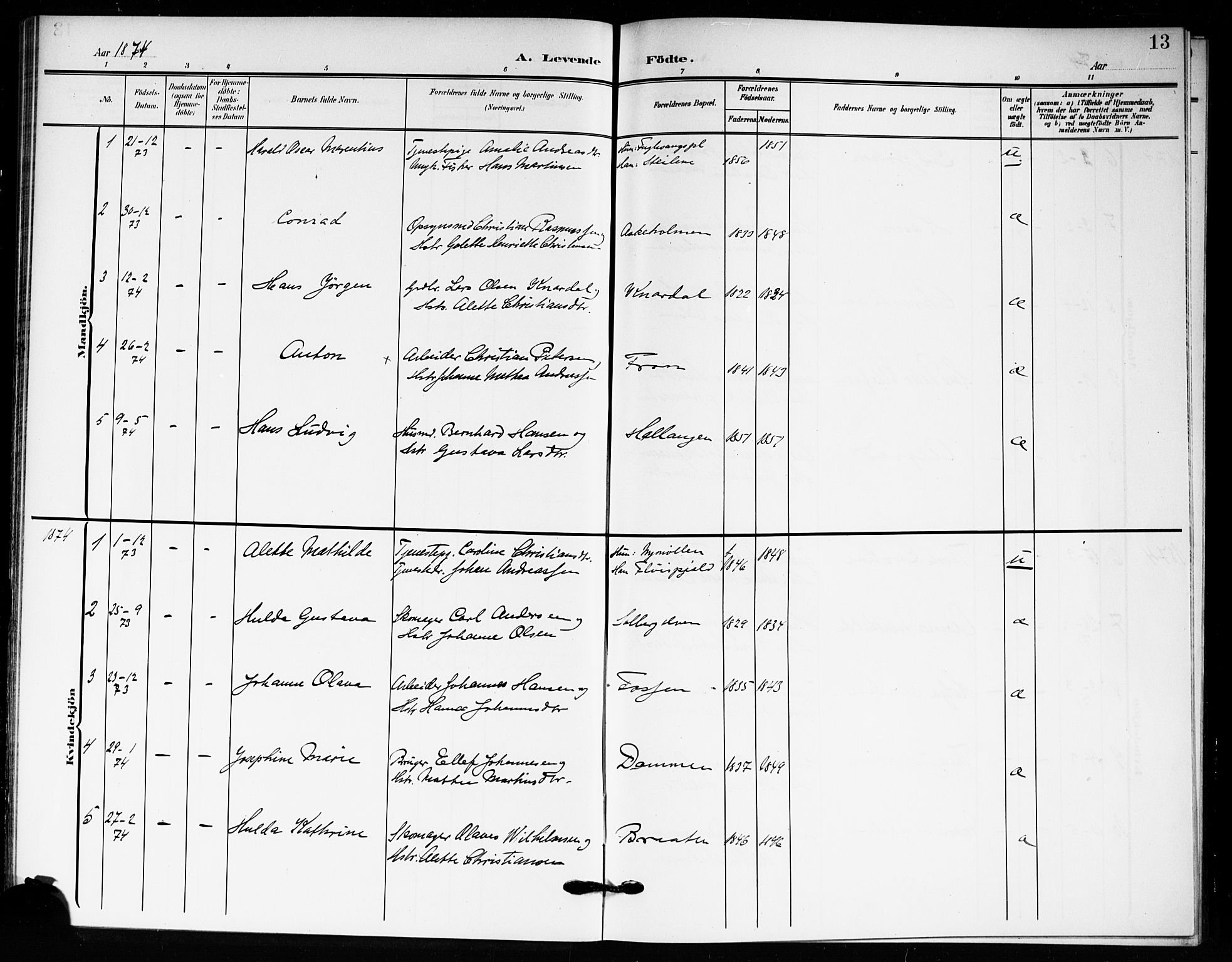 Drøbak prestekontor Kirkebøker, SAO/A-10142a/F/Fc/L0001: Parish register (official) no. III 1, 1871-1900, p. 13