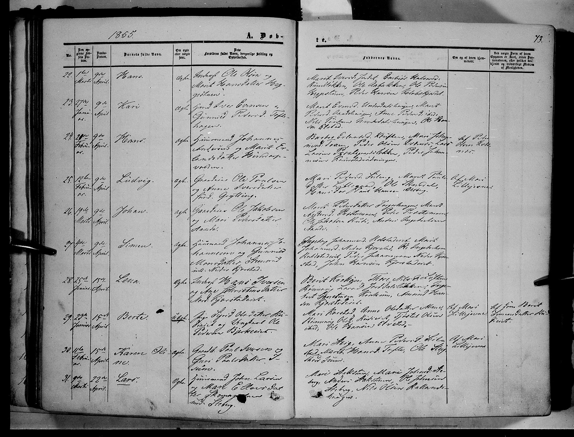 Sør-Fron prestekontor, SAH/PREST-010/H/Ha/Haa/L0001: Parish register (official) no. 1, 1849-1863, p. 73