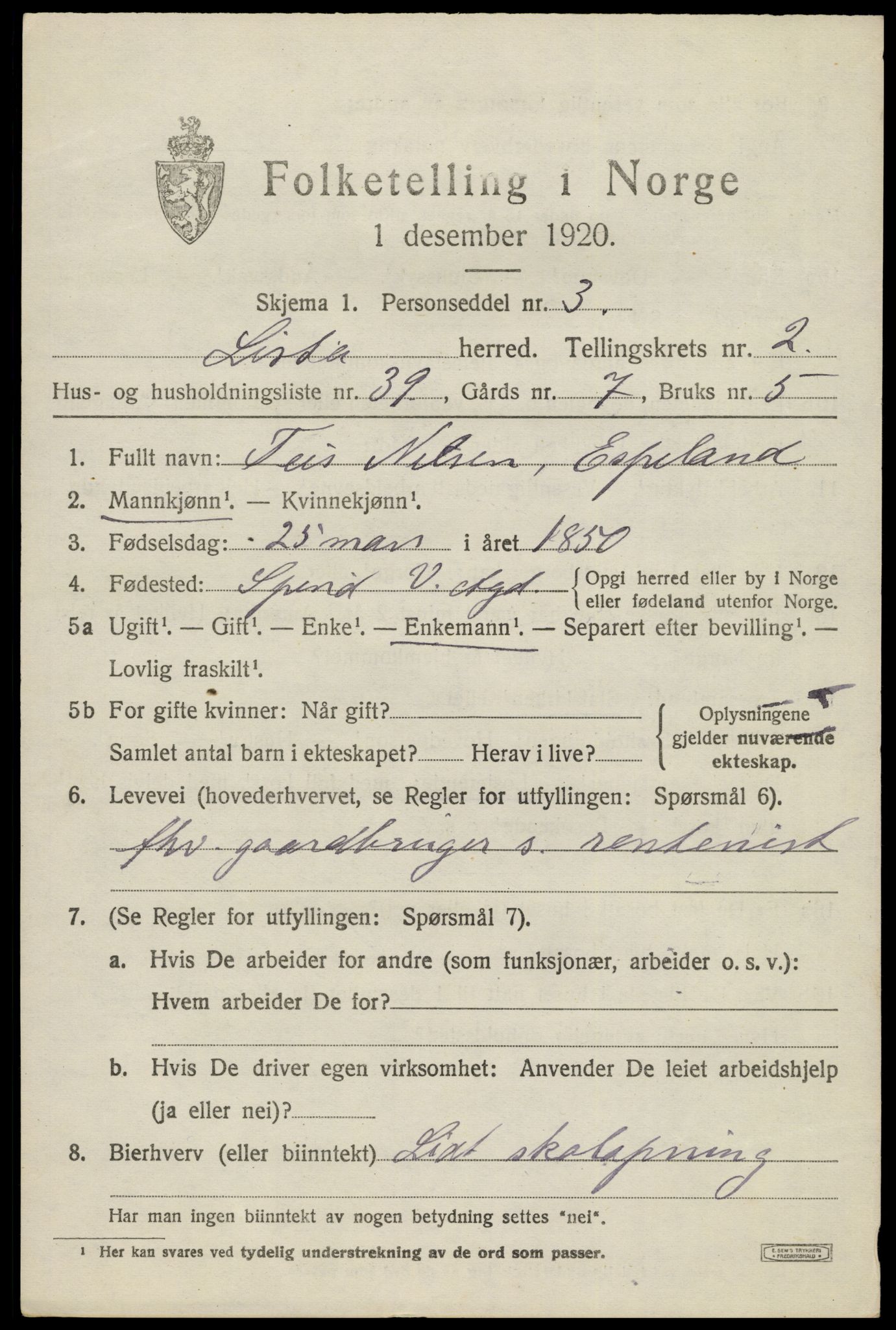 SAK, 1920 census for Lista, 1920, p. 3895