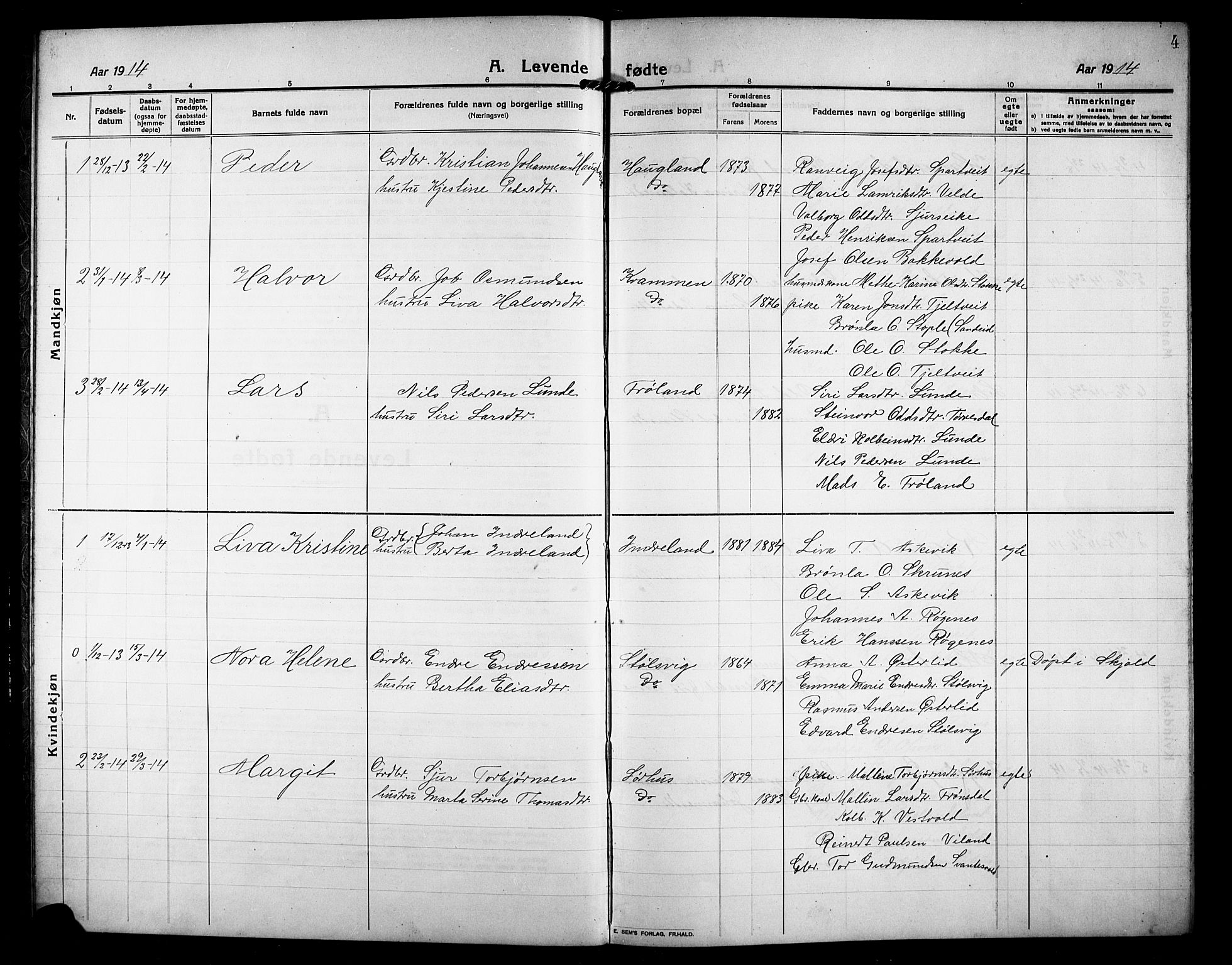 Skjold sokneprestkontor, SAST/A-101847/H/Ha/Hab/L0009: Parish register (copy) no. B 9, 1914-1925, p. 4