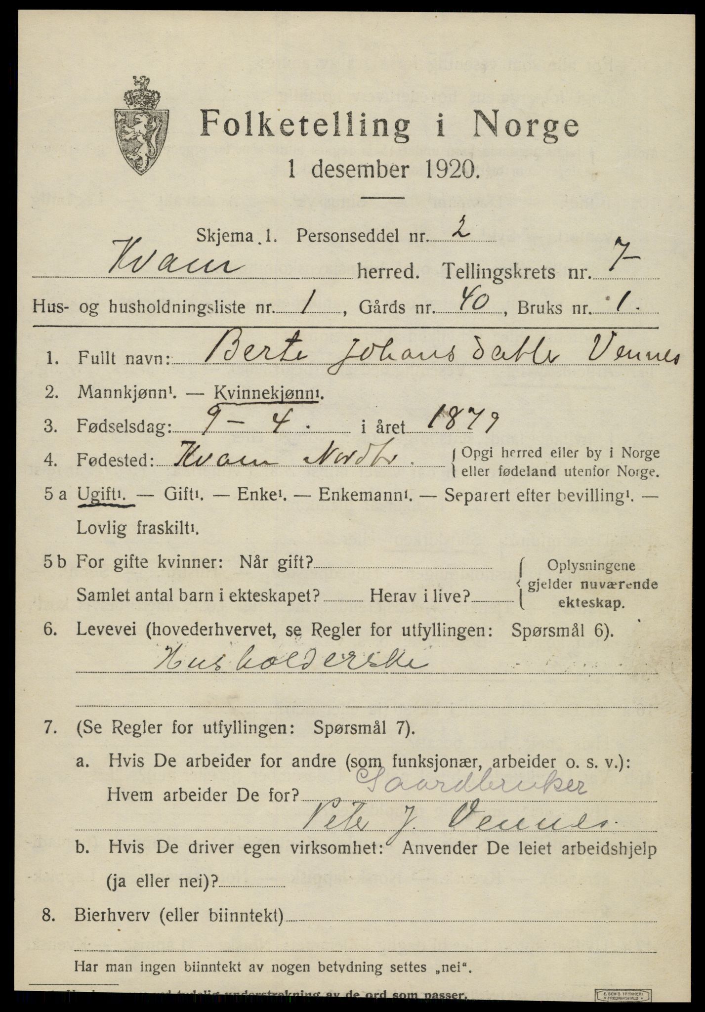 SAT, 1920 census for Kvam, 1920, p. 1803