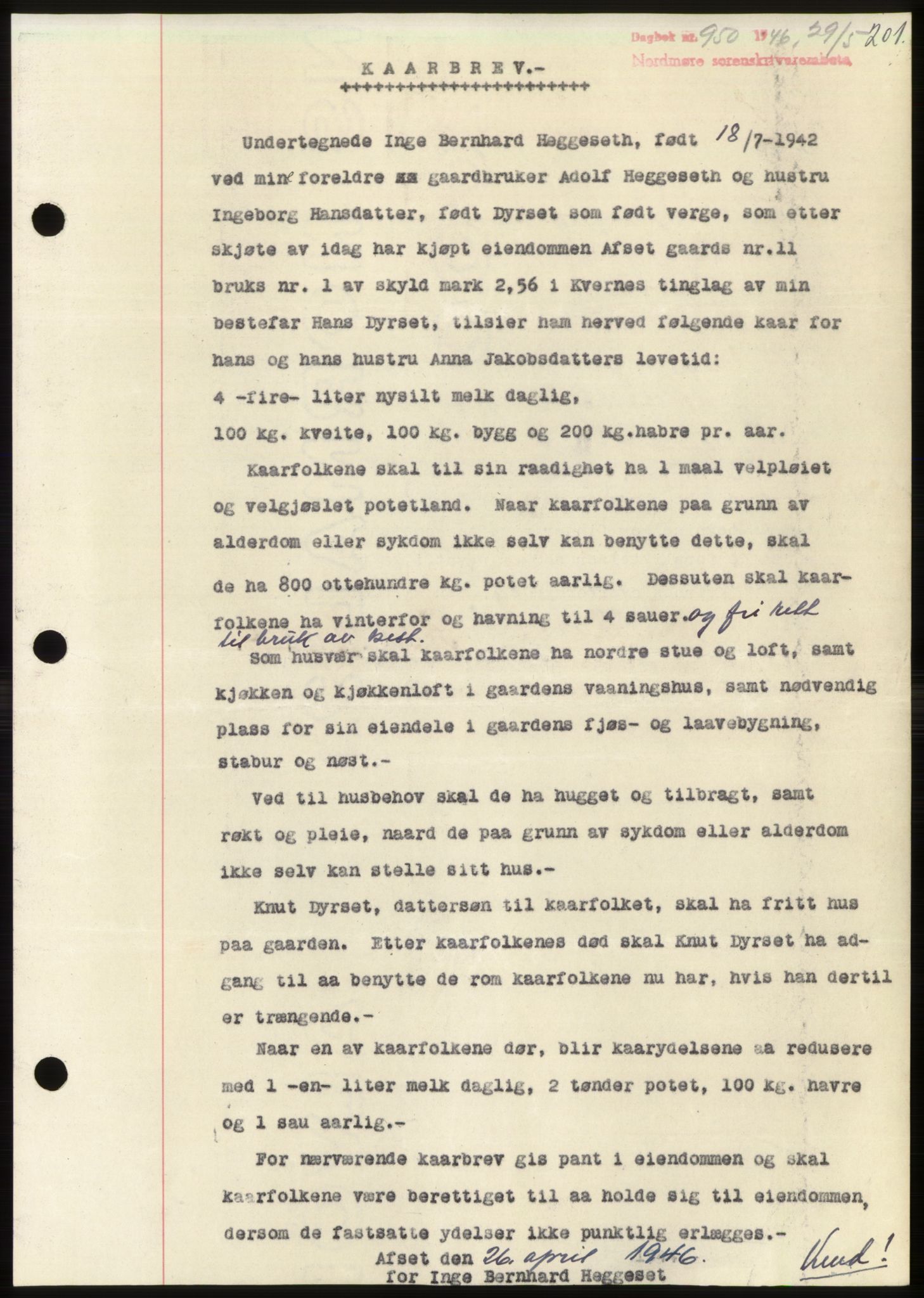 Nordmøre sorenskriveri, AV/SAT-A-4132/1/2/2Ca: Mortgage book no. B94, 1946-1946, Diary no: : 950/1946