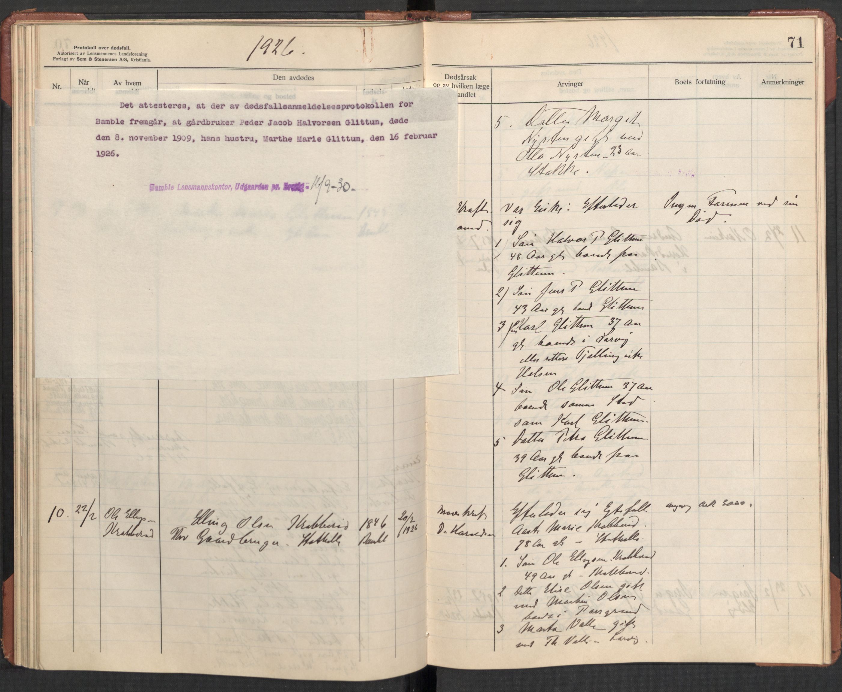 Bamble lensmannskontor, AV/SAKO-A-552/H/Ha/Haa/L0004: Dødsfallsprotokoll, 1923-1926, p. 71