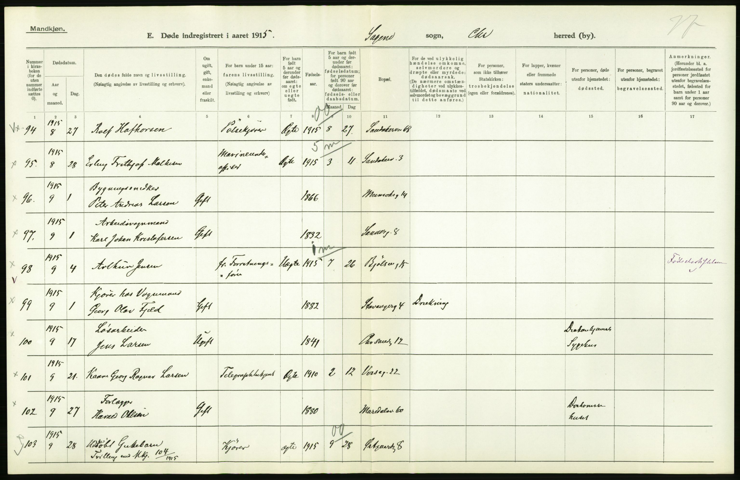 Statistisk sentralbyrå, Sosiodemografiske emner, Befolkning, AV/RA-S-2228/D/Df/Dfb/Dfbe/L0009: Kristiania: Døde., 1915, p. 14