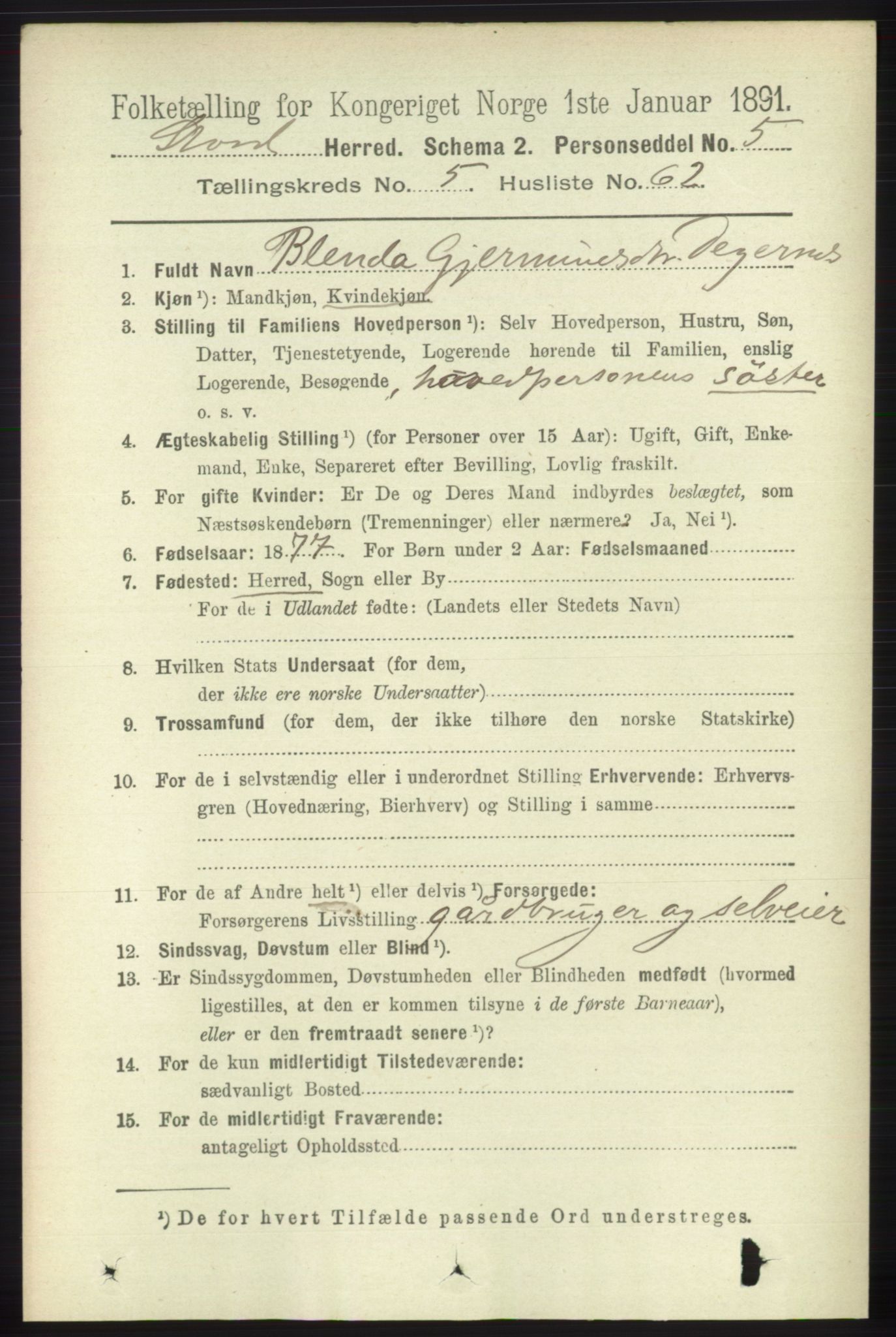 RA, 1891 census for 1221 Stord, 1891, p. 2009