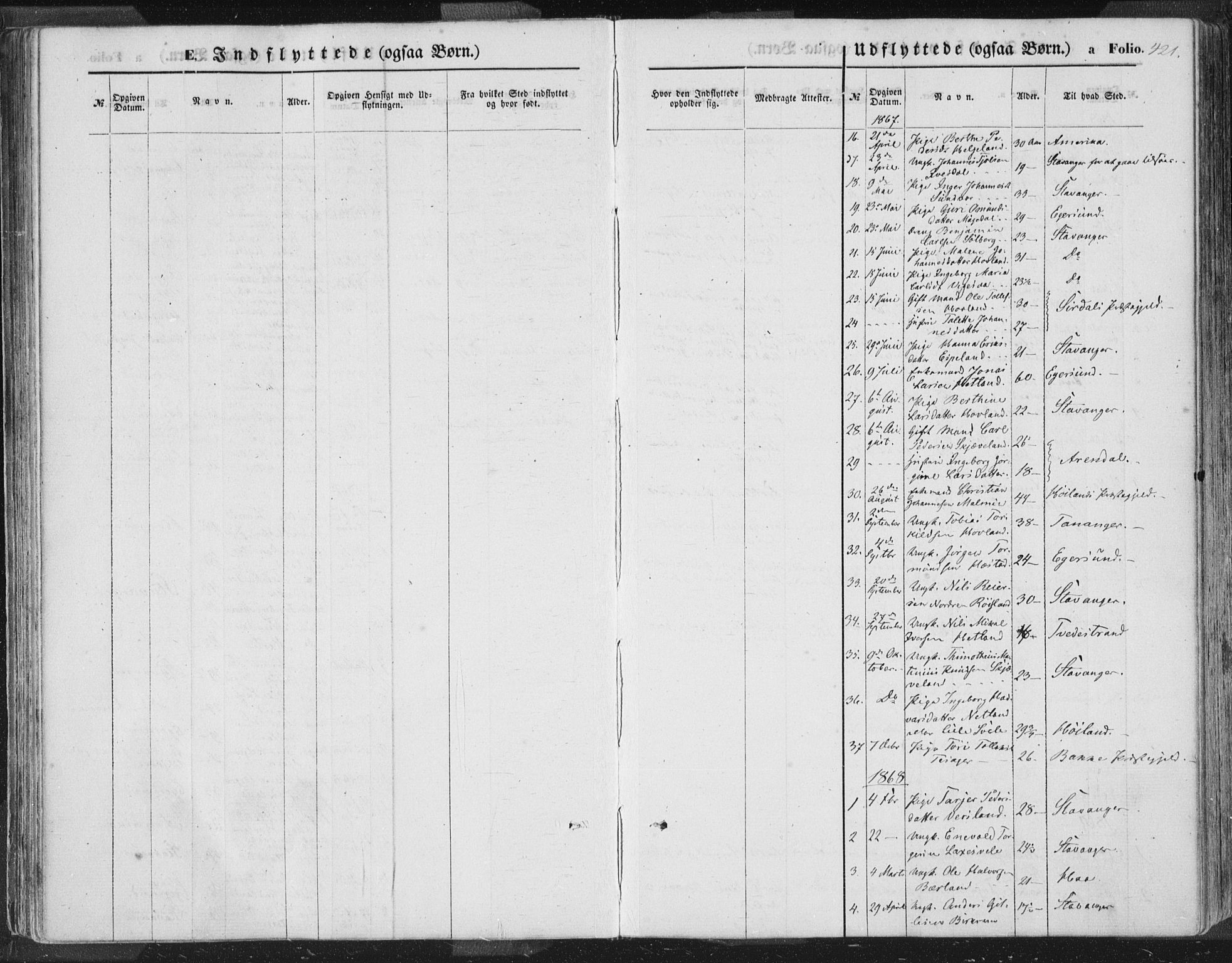 Helleland sokneprestkontor, SAST/A-101810: Parish register (official) no. A 7.2, 1863-1886, p. 421