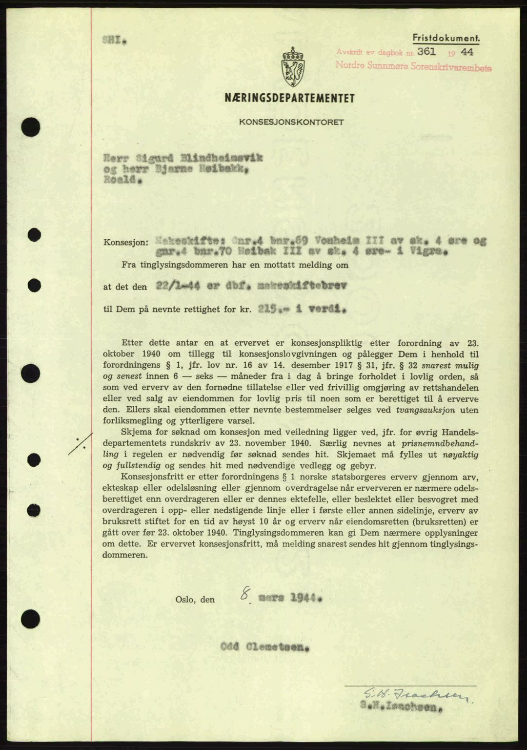 Nordre Sunnmøre sorenskriveri, SAT/A-0006/1/2/2C/2Ca: Mortgage book no. B6-14 a, 1942-1945, Diary no: : 361/1944