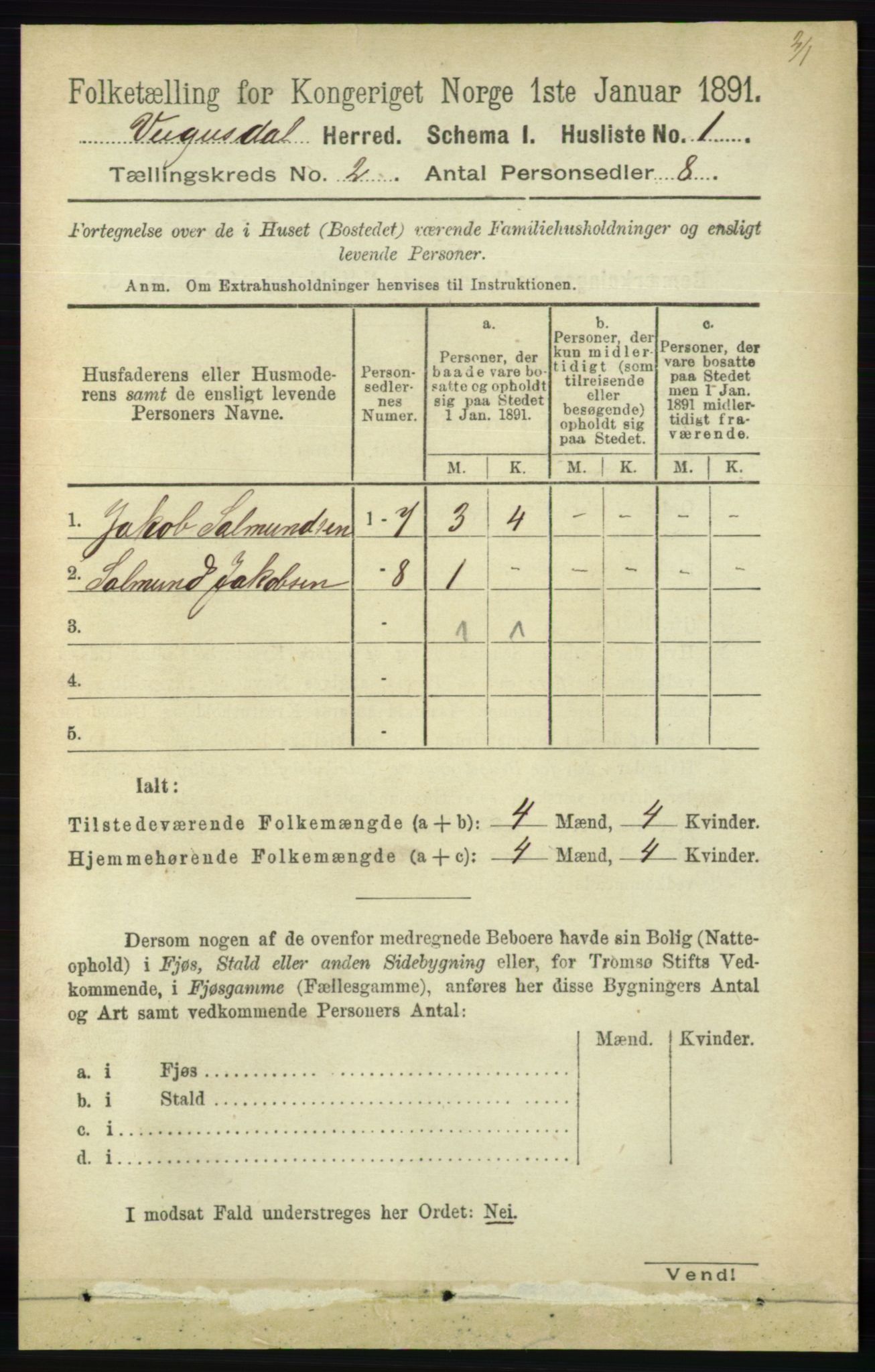 RA, 1891 census for 0934 Vegusdal, 1891, p. 290