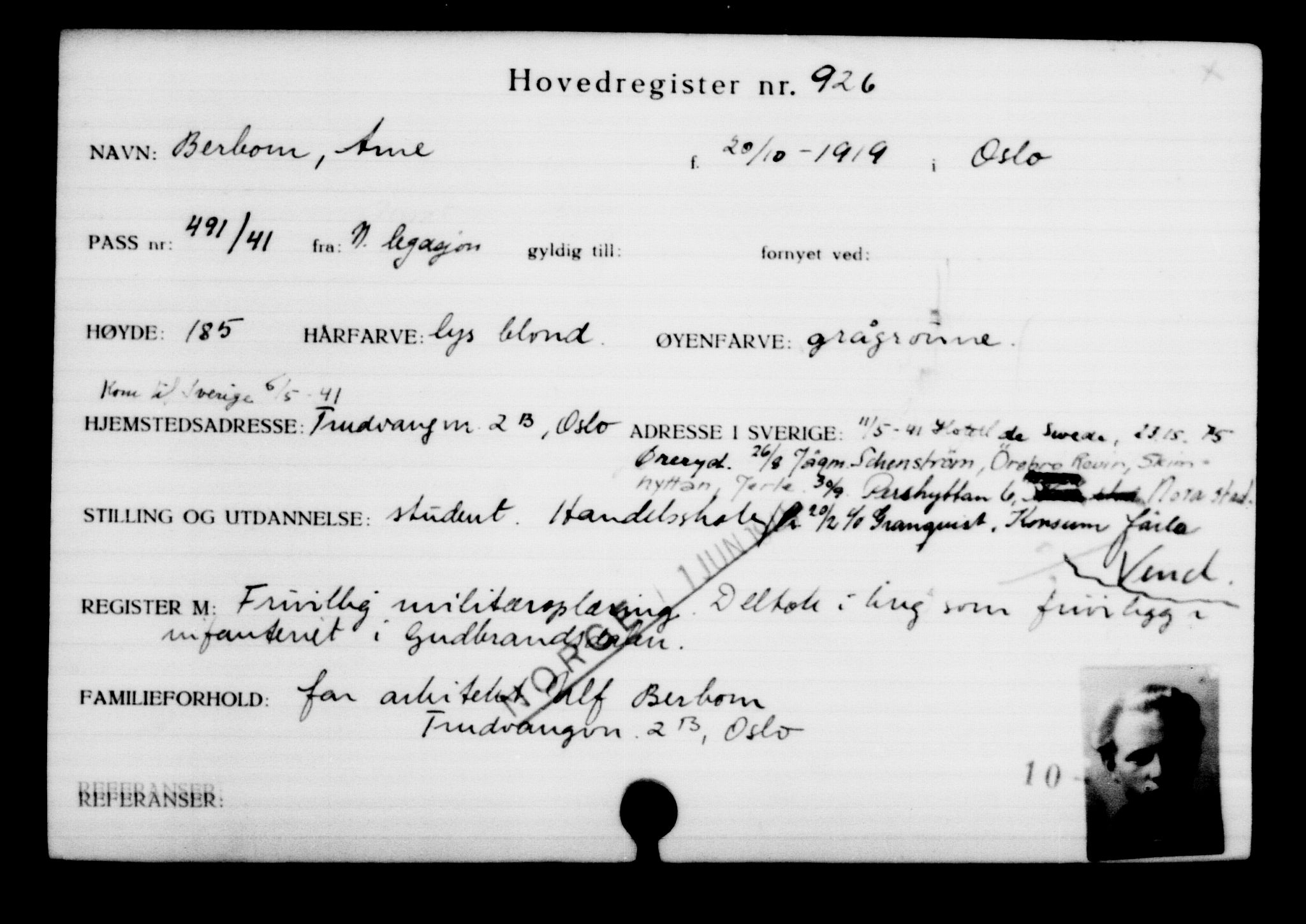 Utenriksstasjonene, Legasjonen i Stockholm, Flyktningkontoret, AV/RA-S-6753/V/Va/L0001: Kjesäterkartoteket, flyktninger med registreringsnr. 1-1000, 1940-1945, p. 1452