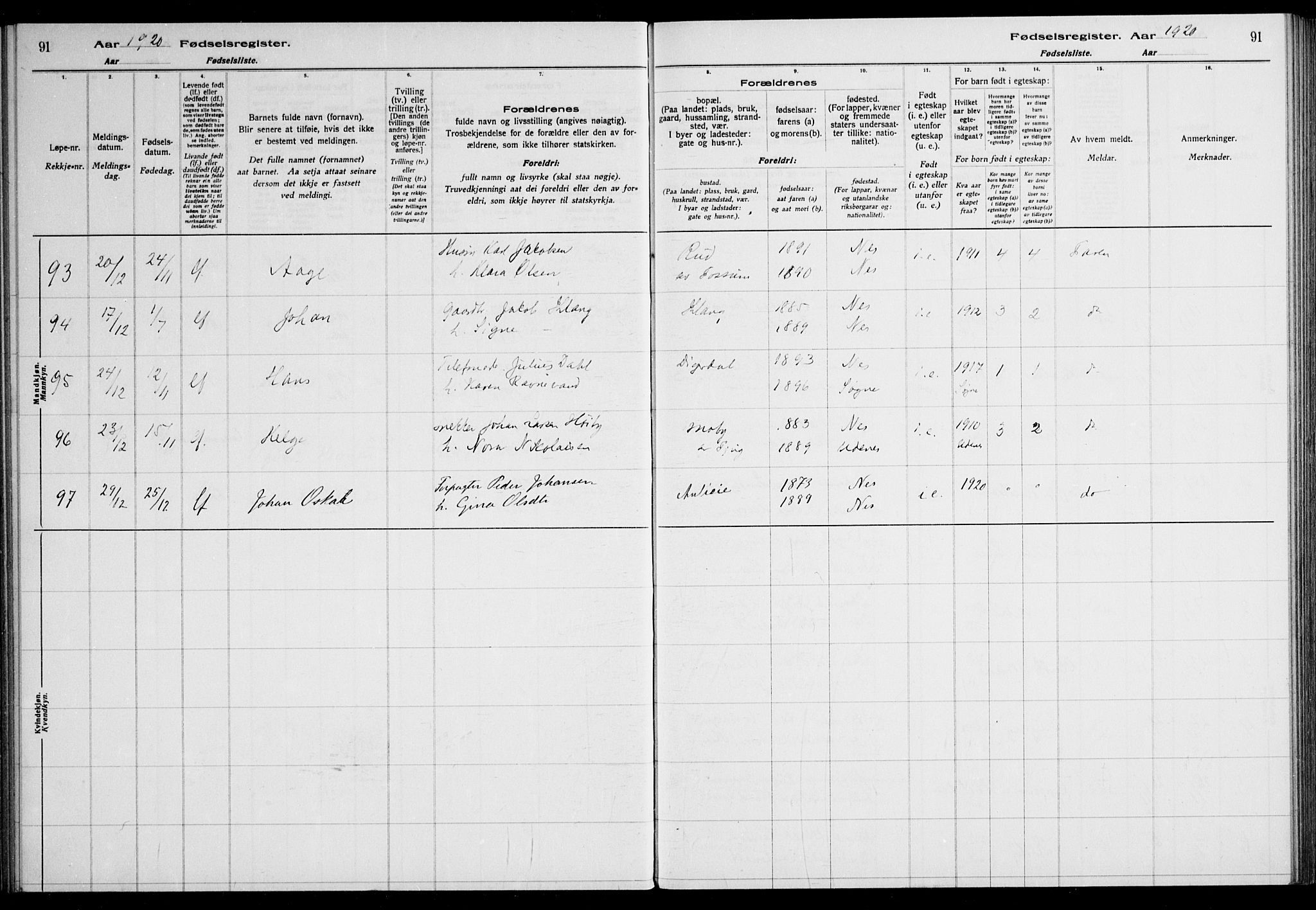 Nes prestekontor Kirkebøker, AV/SAO-A-10410/J/Ja/L0001: Birth register no. 1, 1916-1926, p. 91