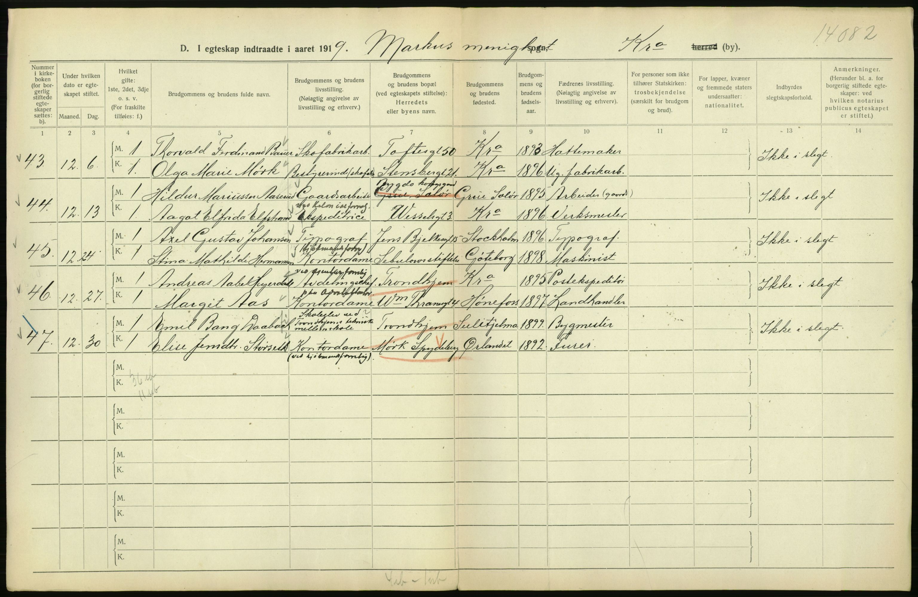 Statistisk sentralbyrå, Sosiodemografiske emner, Befolkning, AV/RA-S-2228/D/Df/Dfb/Dfbi/L0009: Kristiania: Gifte, 1919, p. 346