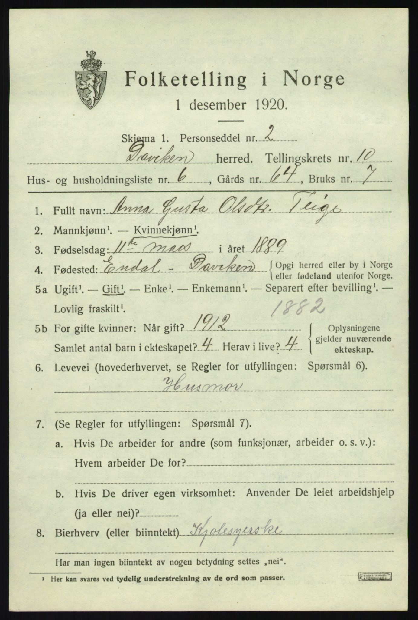 SAB, 1920 census for Davik, 1920, p. 5147