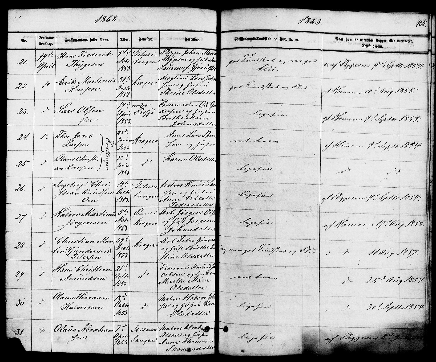 Kragerø kirkebøker, SAKO/A-278/F/Fa/L0008: Parish register (official) no. 8, 1856-1880, p. 105