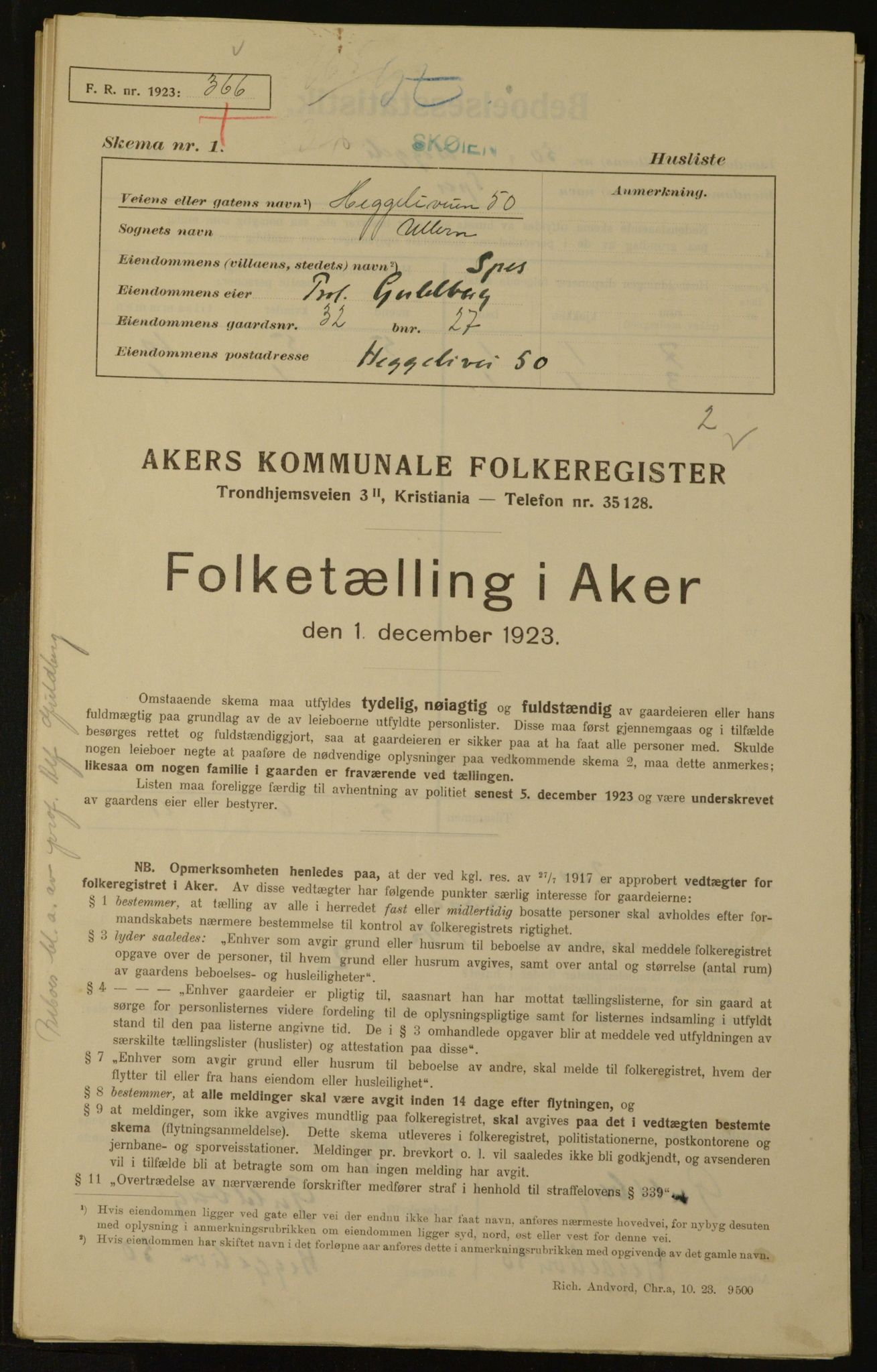 , Municipal Census 1923 for Aker, 1923, p. 2320