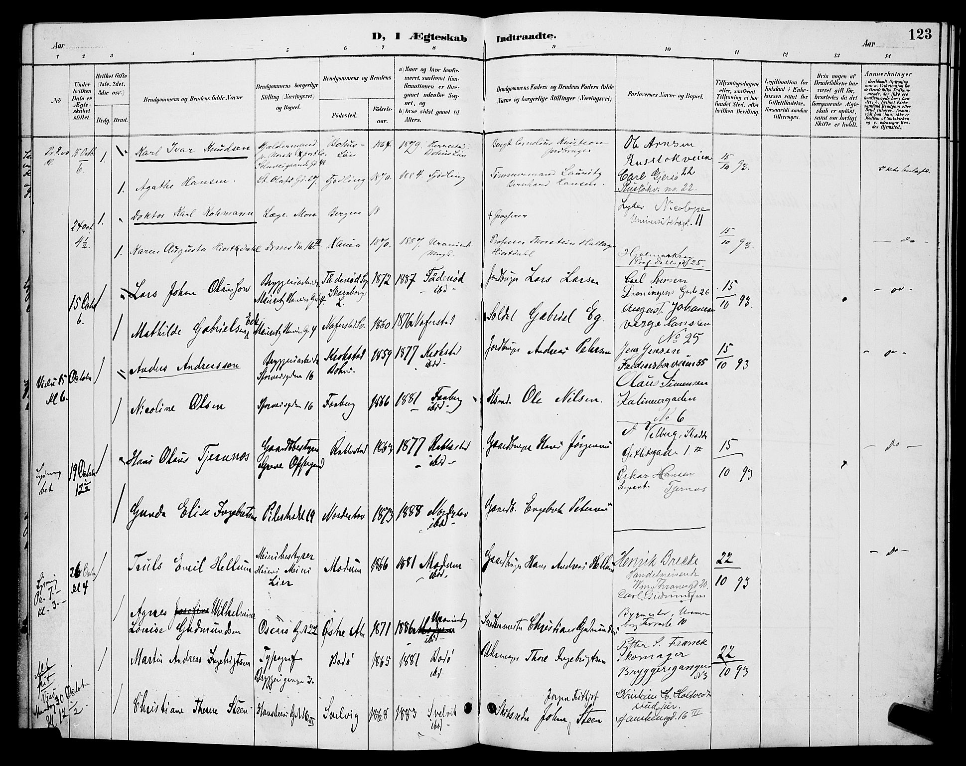 Trefoldighet prestekontor Kirkebøker, AV/SAO-A-10882/H/Ha/L0004: Banns register no. 4, 1888-1894, p. 123