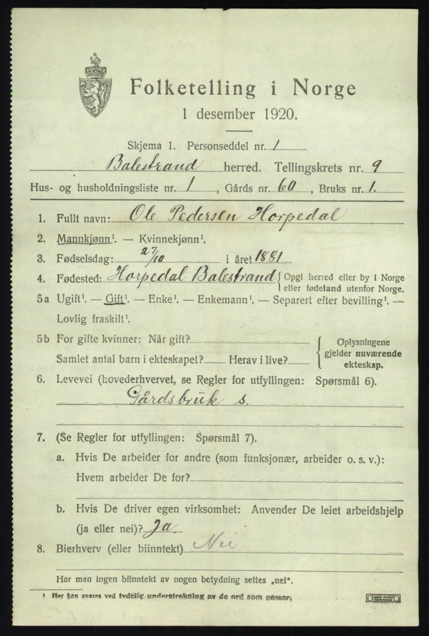 SAB, 1920 census for Balestrand, 1920, p. 3920