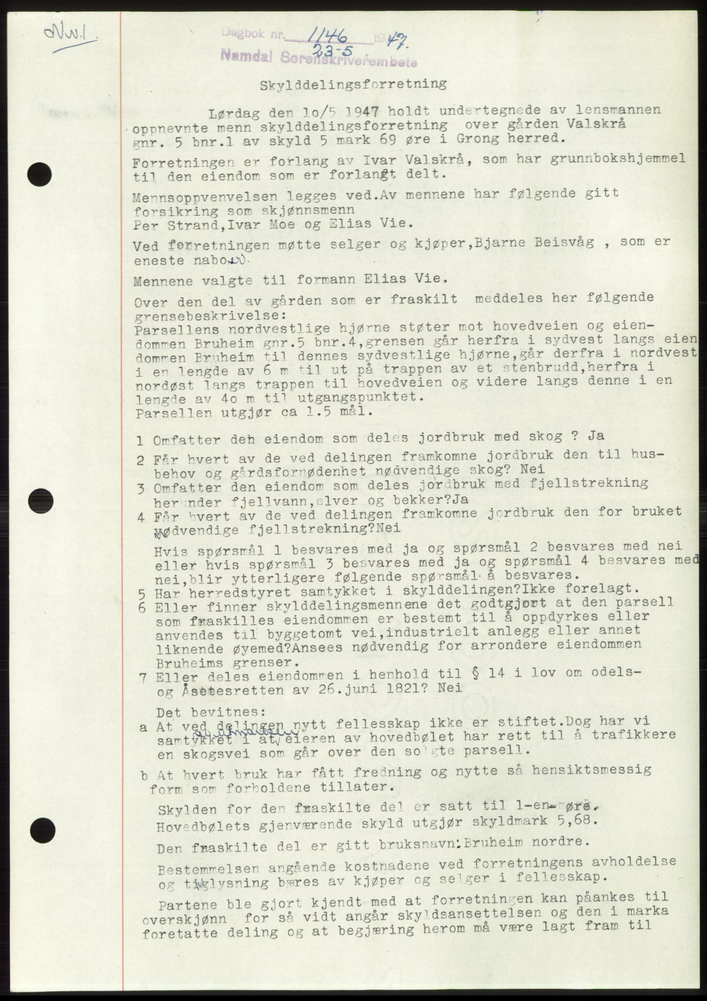 Namdal sorenskriveri, AV/SAT-A-4133/1/2/2C: Mortgage book no. -, 1947-1947, Diary no: : 1146/1947