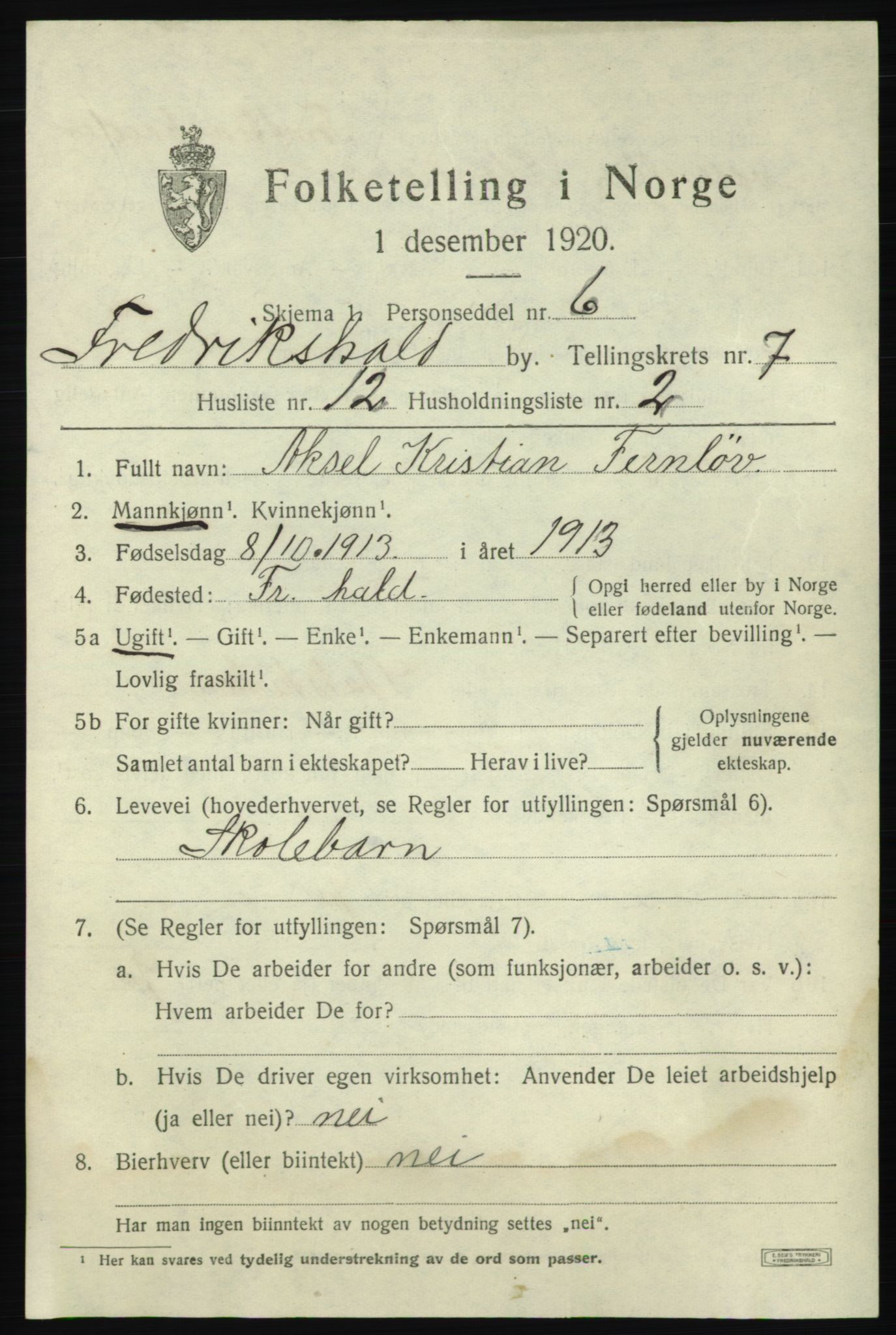 SAO, 1920 census for Fredrikshald, 1920, p. 14046