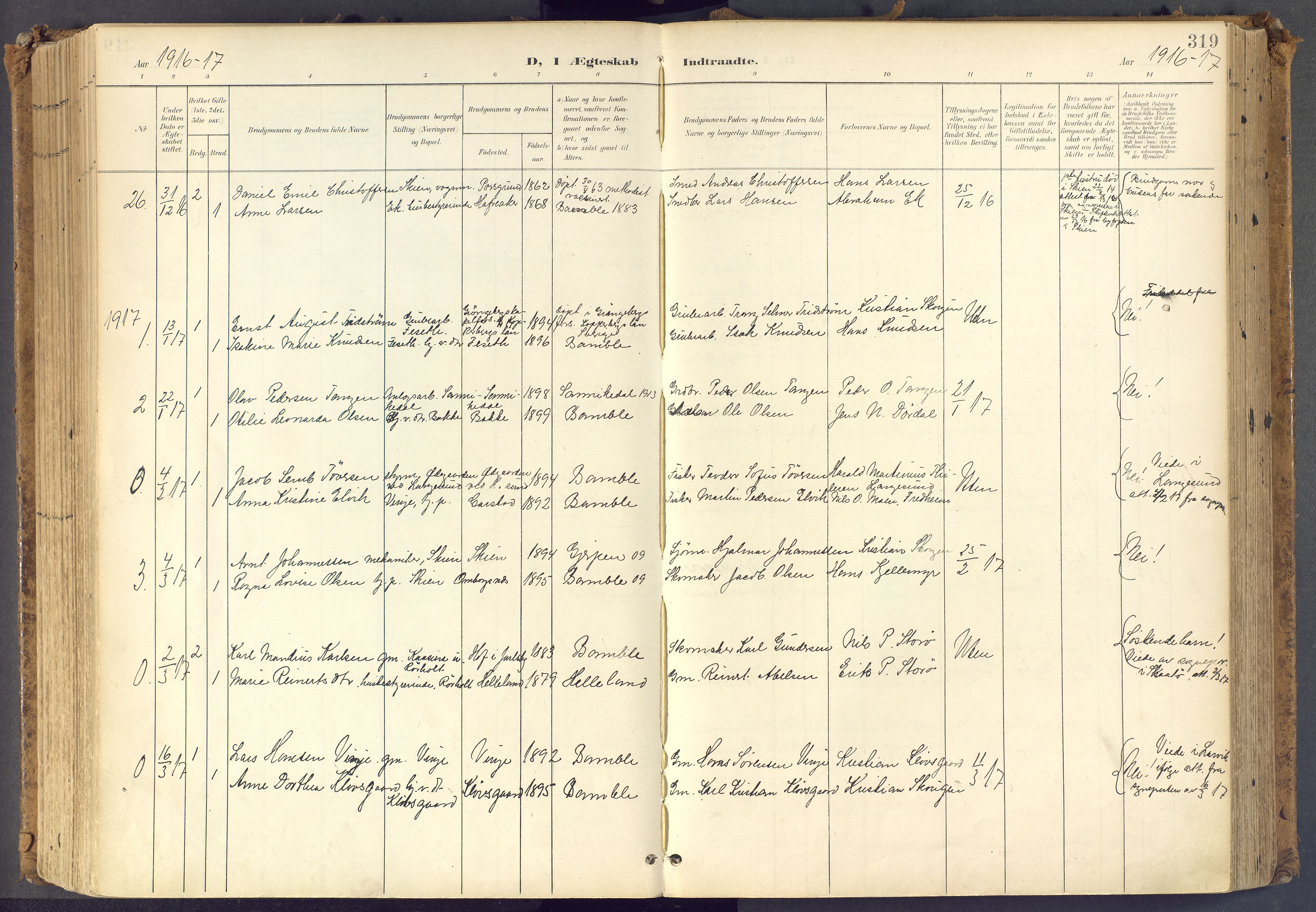 Bamble kirkebøker, AV/SAKO-A-253/F/Fa/L0009: Parish register (official) no. I 9, 1901-1917, p. 319