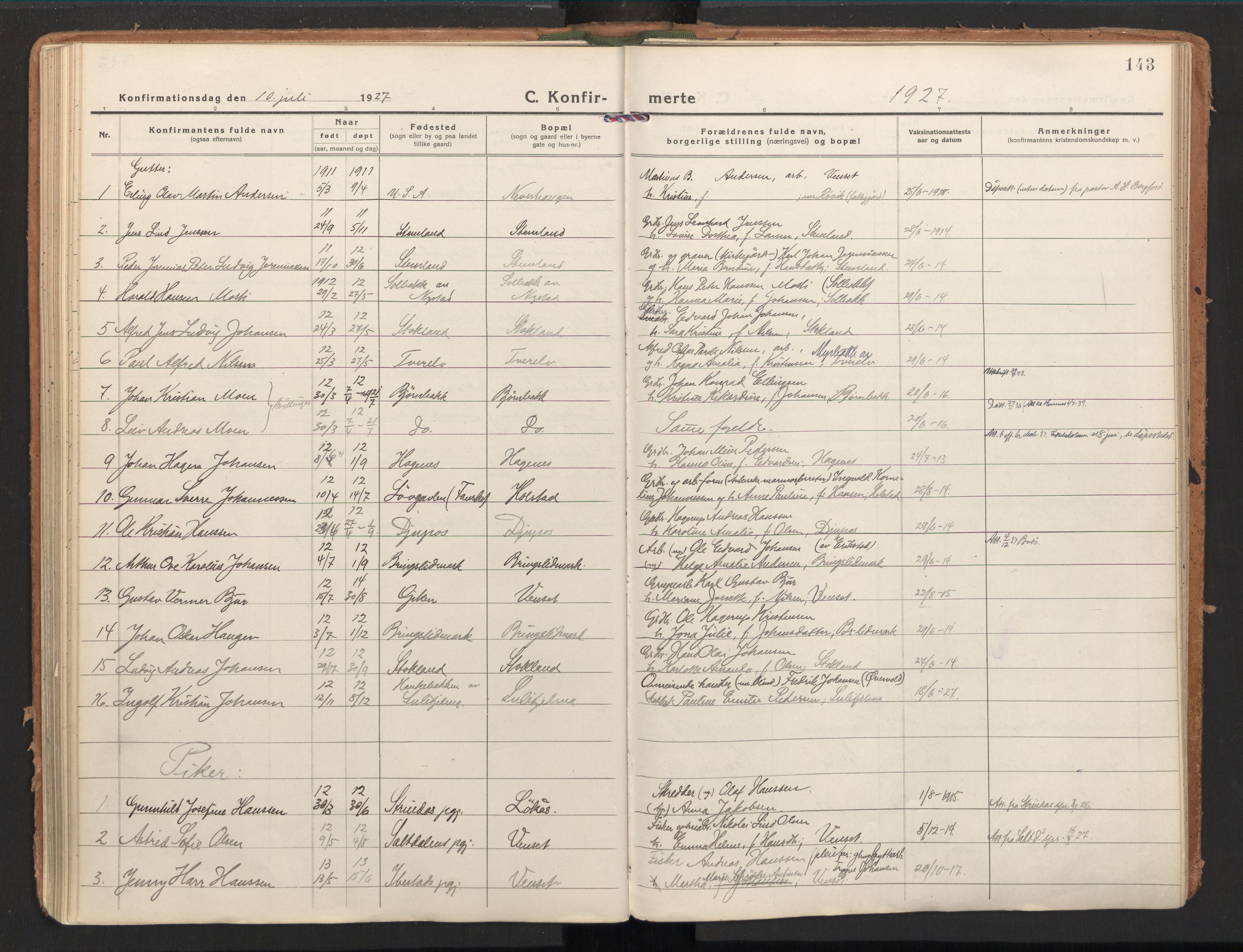 Ministerialprotokoller, klokkerbøker og fødselsregistre - Nordland, SAT/A-1459/851/L0725: Parish register (official) no. 851A02, 1922-1944, p. 143