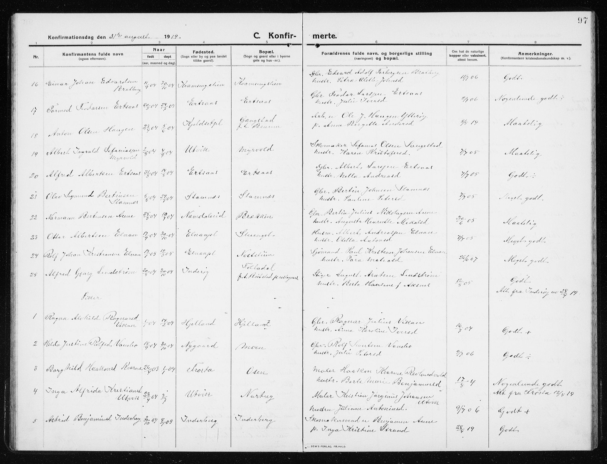 Ministerialprotokoller, klokkerbøker og fødselsregistre - Nord-Trøndelag, SAT/A-1458/741/L0402: Parish register (copy) no. 741C03, 1911-1926, p. 97