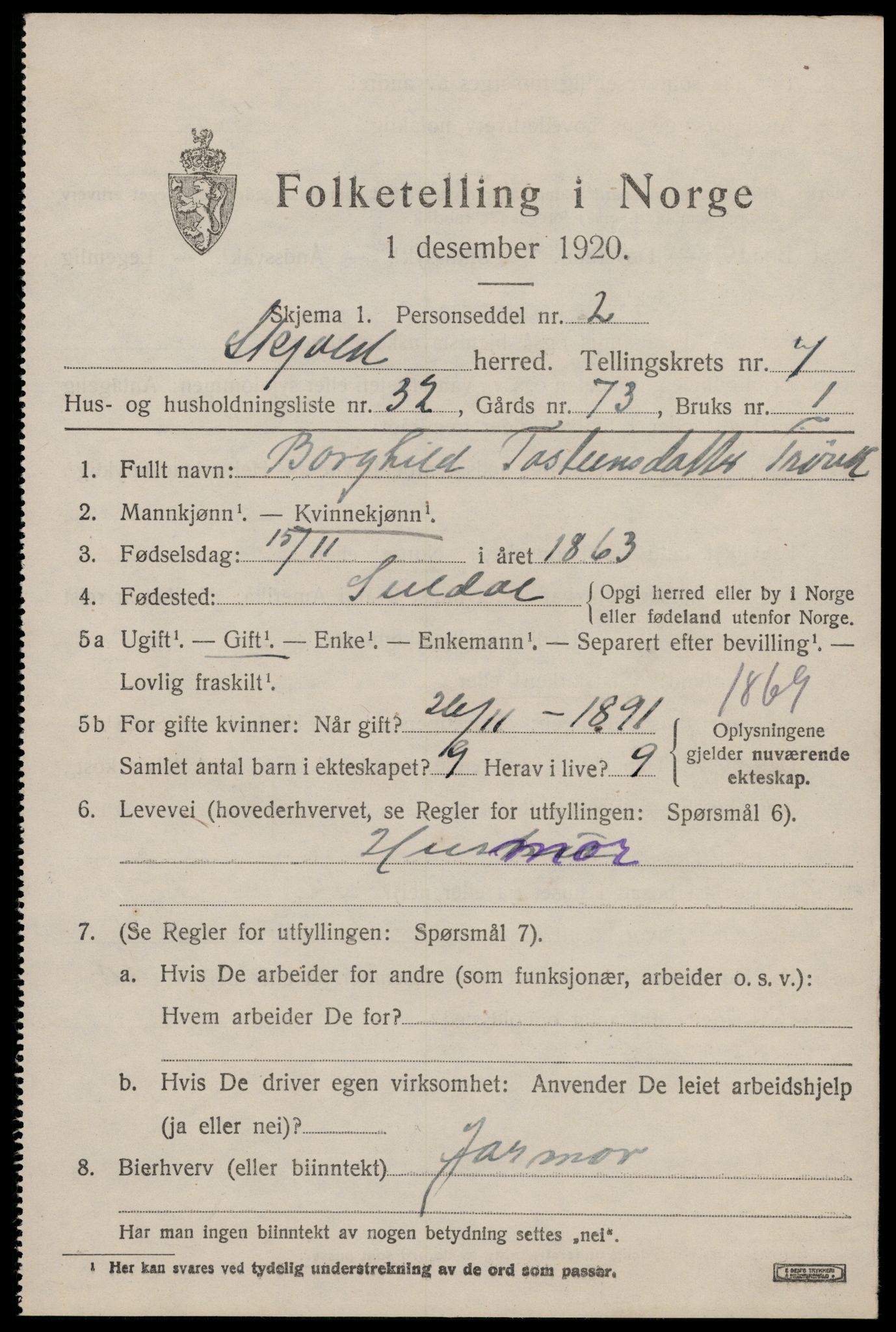 SAST, 1920 census for Skjold, 1920, p. 4164