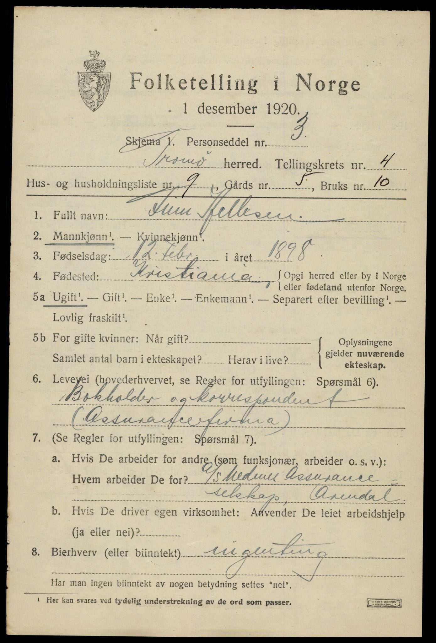 SAK, 1920 census for Tromøy, 1920, p. 2463