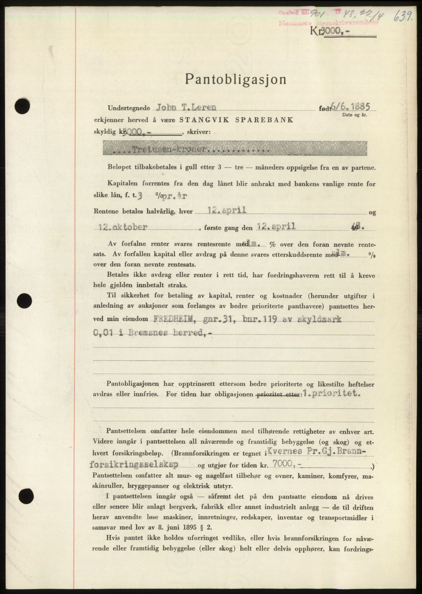 Nordmøre sorenskriveri, AV/SAT-A-4132/1/2/2Ca: Mortgage book no. B98, 1948-1948, Diary no: : 901/1948