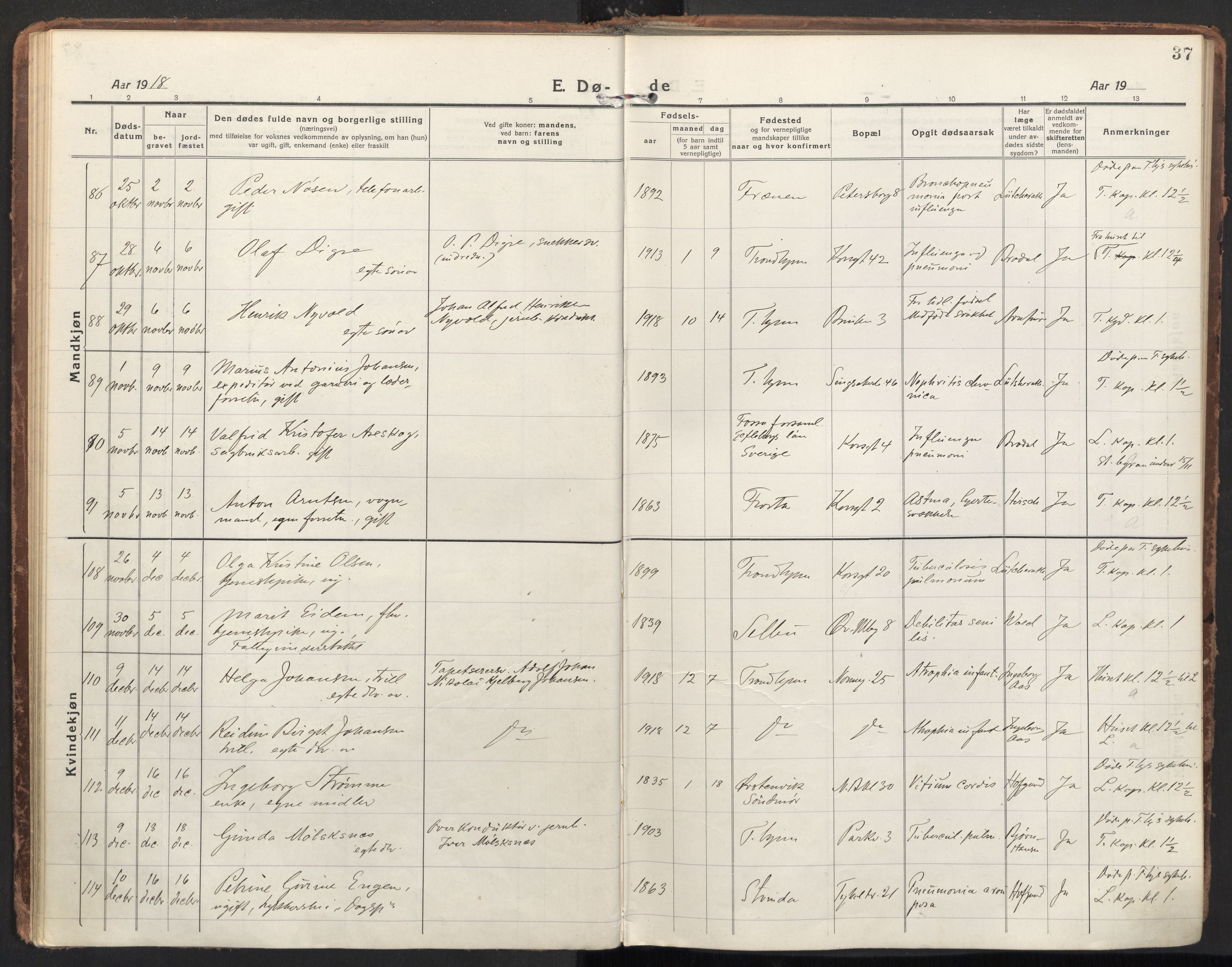 Ministerialprotokoller, klokkerbøker og fødselsregistre - Sør-Trøndelag, AV/SAT-A-1456/604/L0207: Parish register (official) no. 604A27, 1917-1933, p. 37