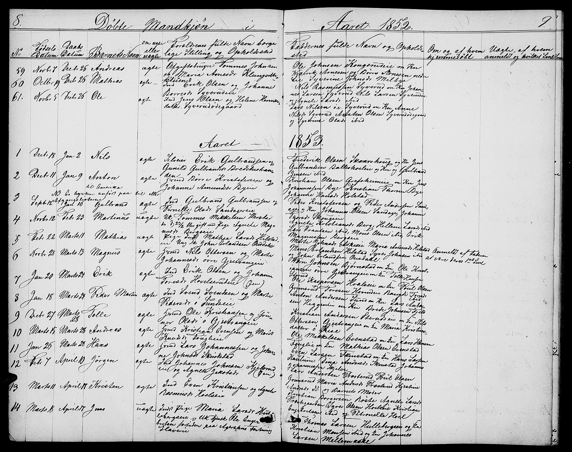 Nes prestekontor, Hedmark, SAH/PREST-020/L/La/L0005: Parish register (copy) no. 5, 1852-1889, p. 8-9