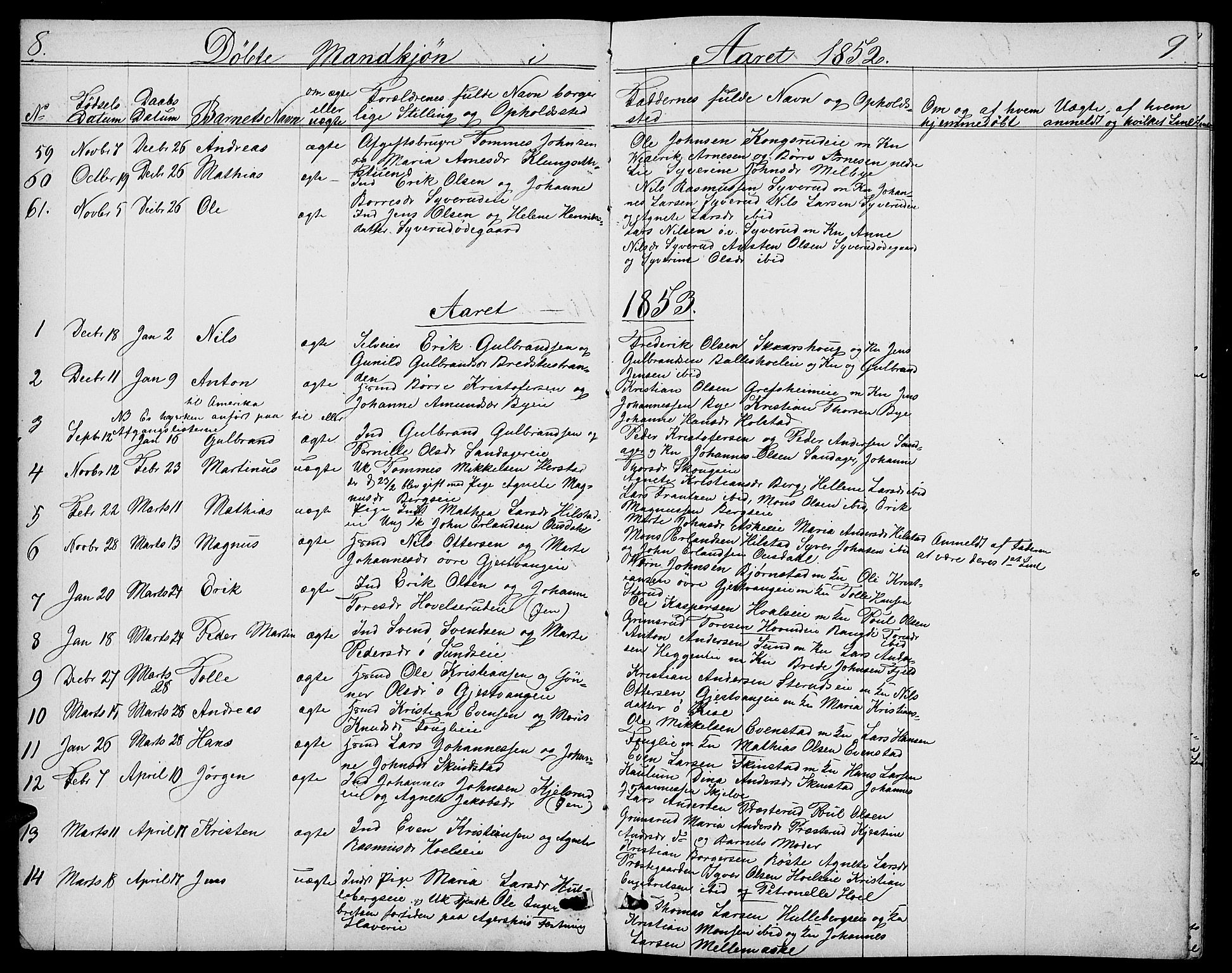 Nes prestekontor, Hedmark, AV/SAH-PREST-020/L/La/L0005: Parish register (copy) no. 5, 1852-1889, p. 8-9