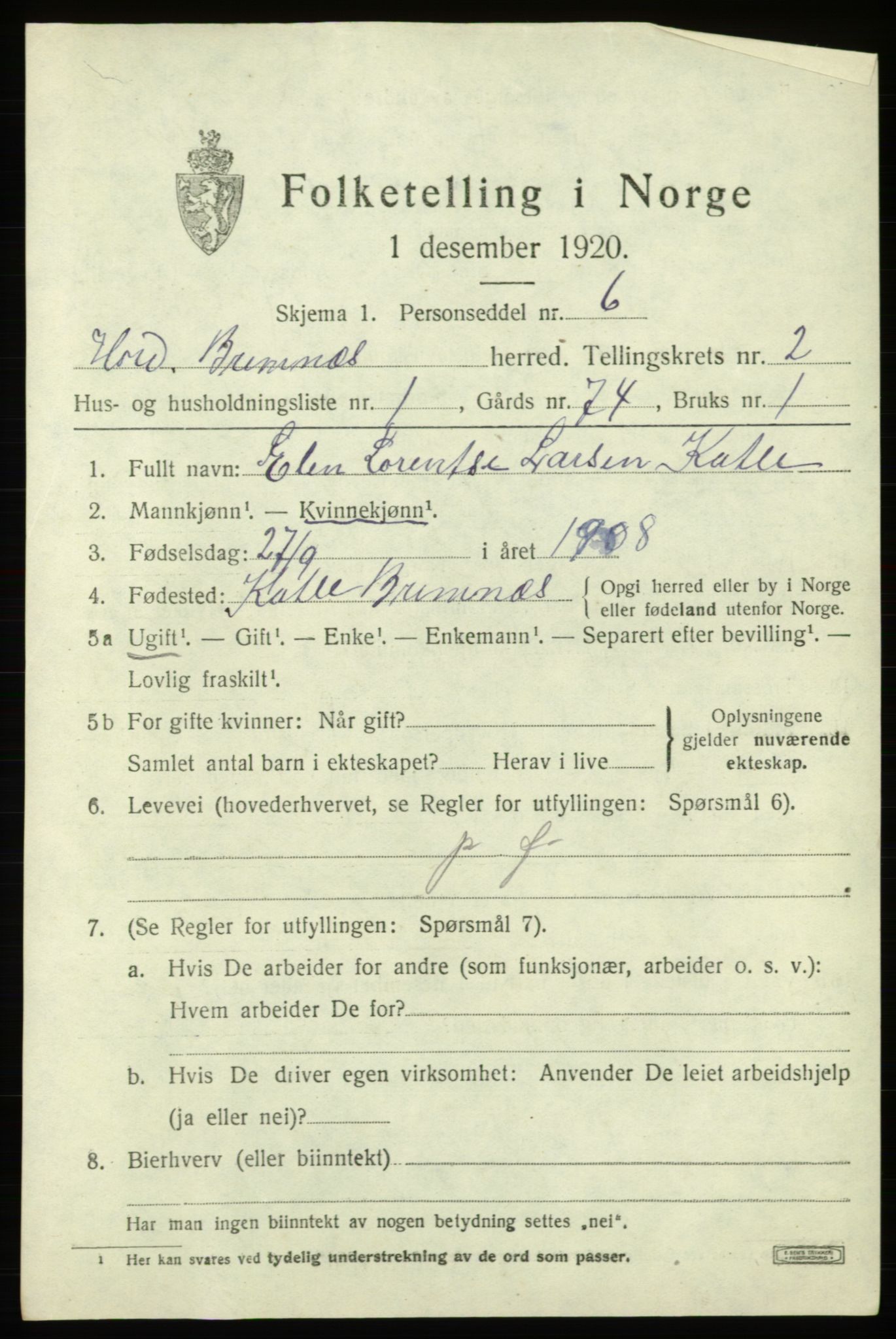 SAB, 1920 census for Bremnes, 1920, p. 1300