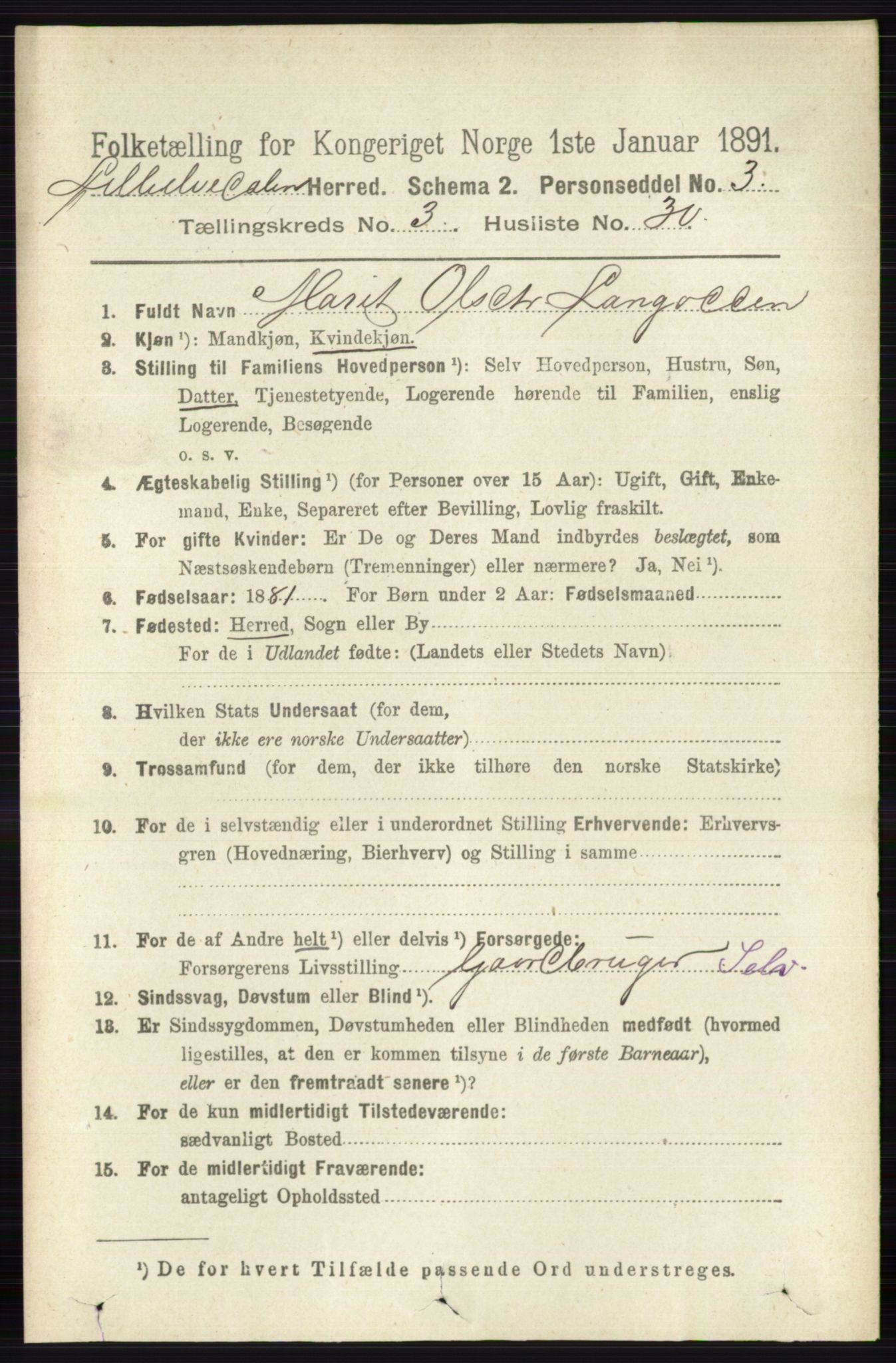 RA, 1891 census for 0438 Lille Elvedalen, 1891, p. 1282