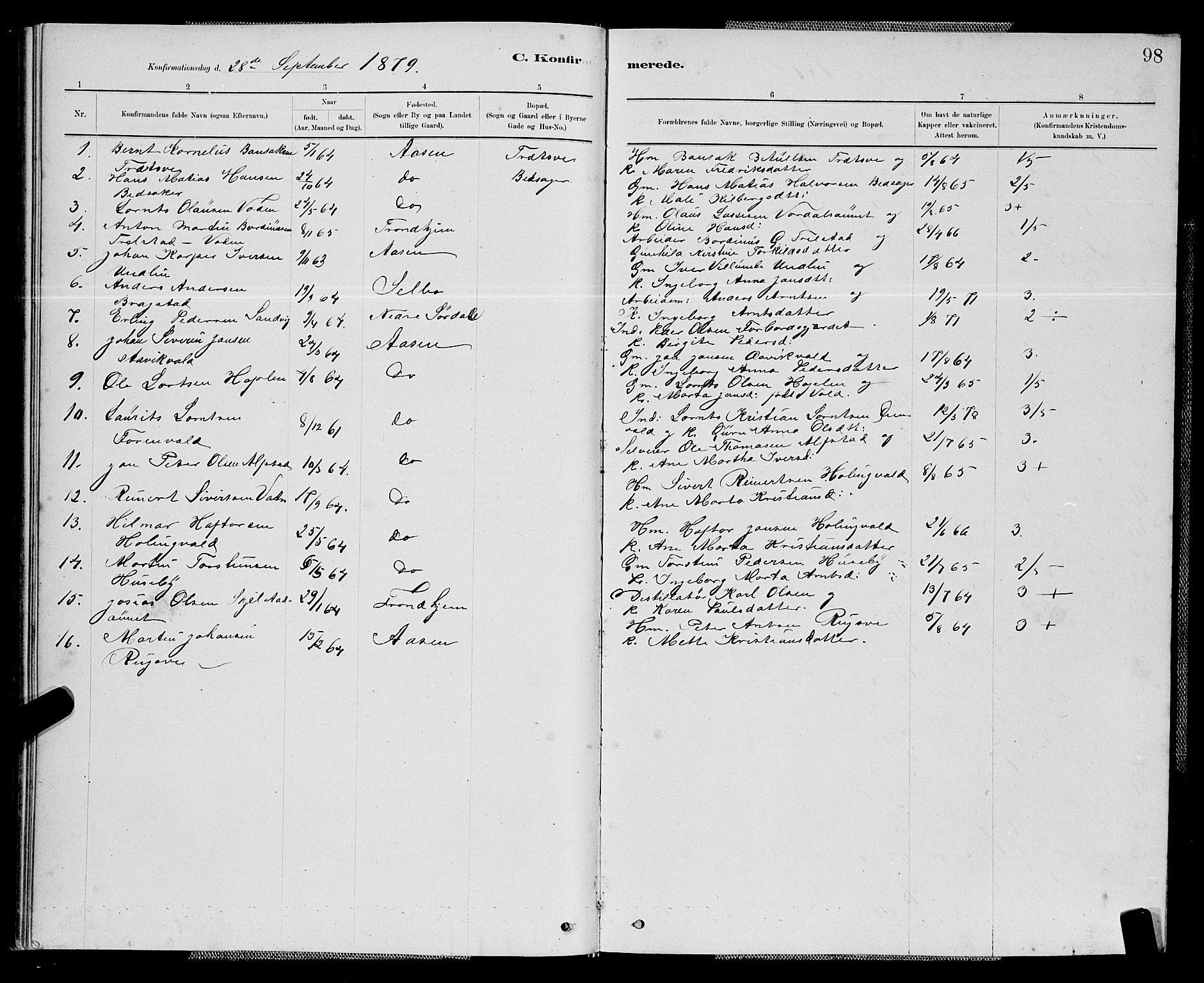 Ministerialprotokoller, klokkerbøker og fødselsregistre - Nord-Trøndelag, SAT/A-1458/714/L0134: Parish register (copy) no. 714C03, 1878-1898, p. 98