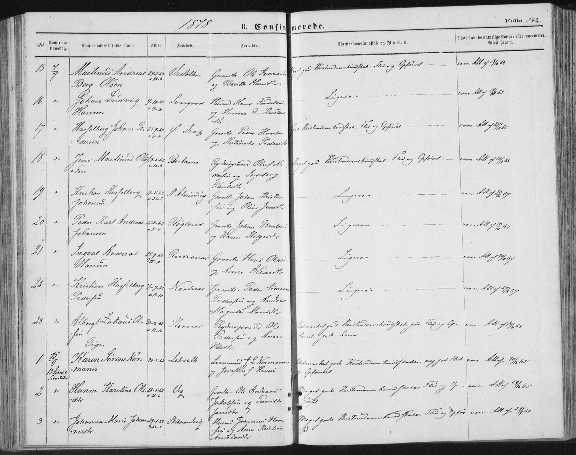 Ministerialprotokoller, klokkerbøker og fødselsregistre - Nordland, SAT/A-1459/847/L0668: Parish register (official) no. 847A08, 1872-1886, p. 142